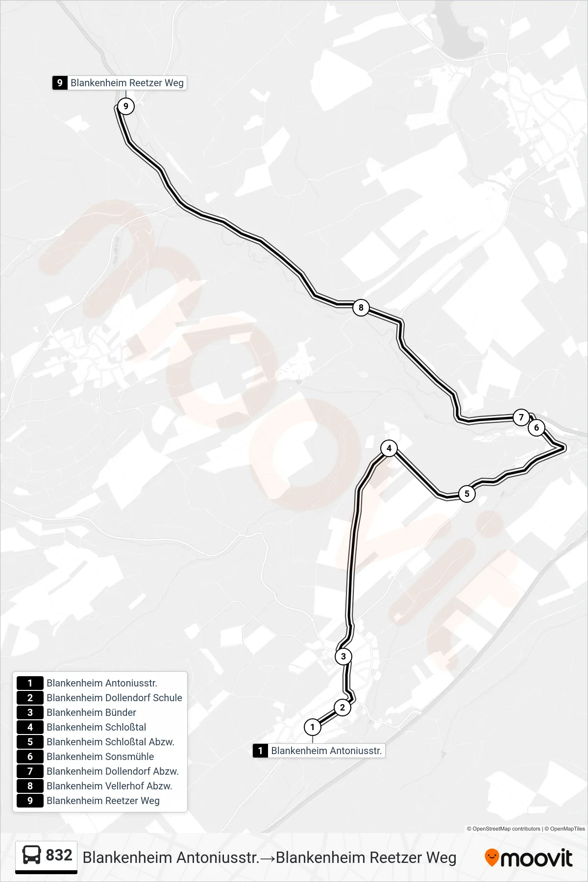 832 bus Line (Blankenheim Antoniusstr.‎→Blankenheim Reetzer Weg) route and stops on a map