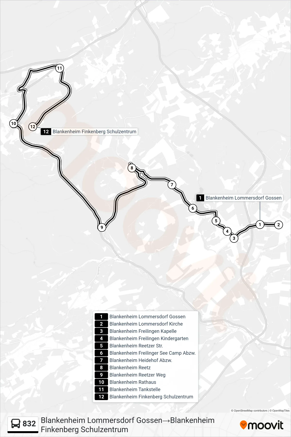 832 bus Line (Blankenheim Lommersdorf Gossen‎→Blankenheim Finkenberg Schulzentrum) route and stops on a map