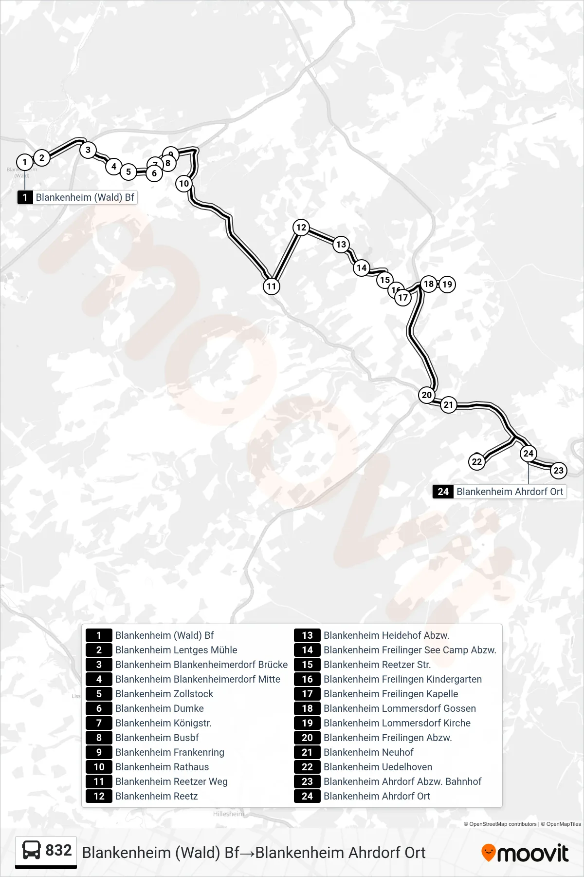 Linie 832 (Bus) Richtung Blankenheim (Wald) Bf‎→Blankenheim Ahrdorf Ort: Route und Haltestellen auf der Karte