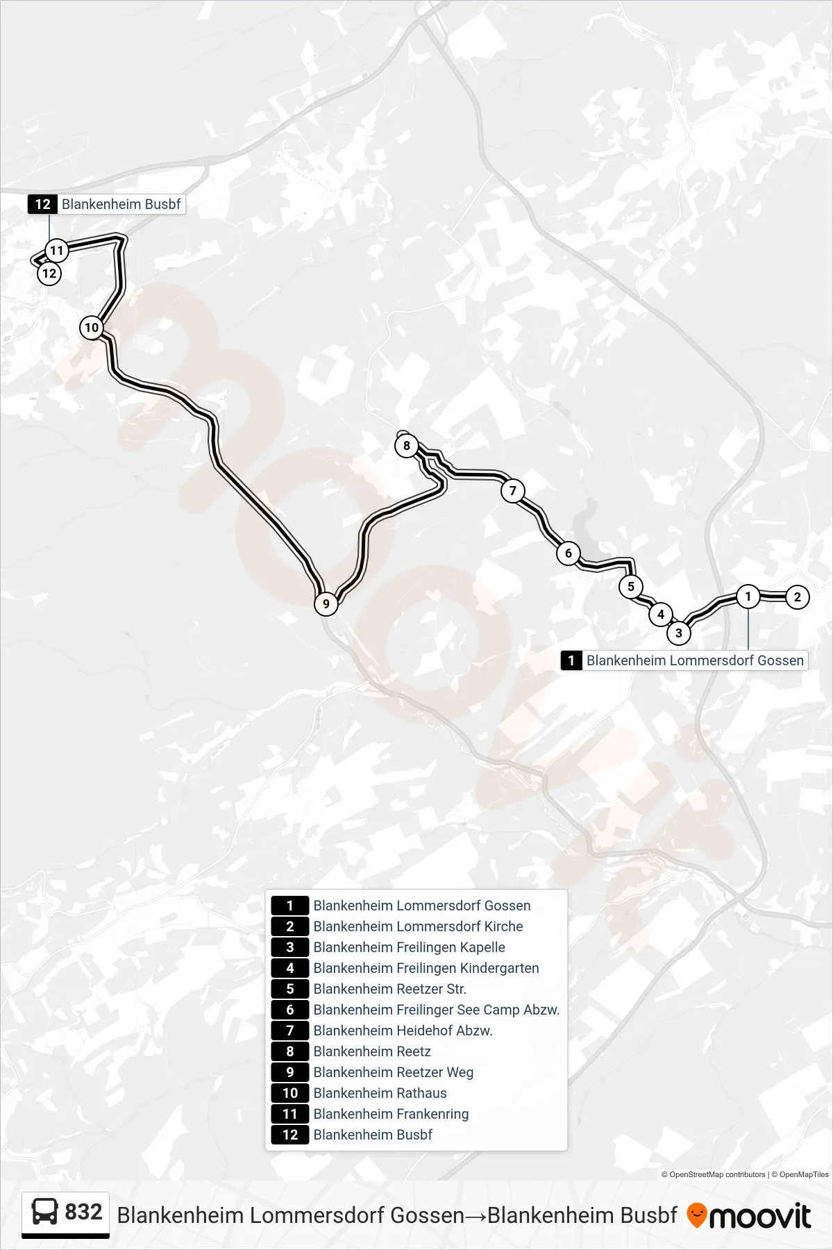 Linie 832 (Bus) Richtung Blankenheim Lommersdorf Gossen→Blankenheim Busbf: Route und Haltestellen auf der Karte