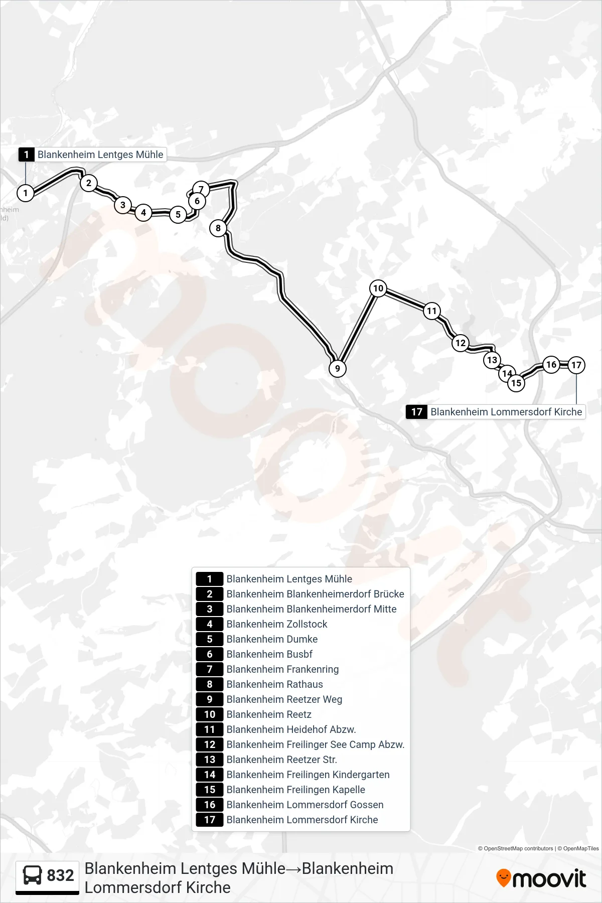 832 bus Line (Blankenheim Lentges Mühle→Blankenheim Lommersdorf Kirche) route and stops on a map