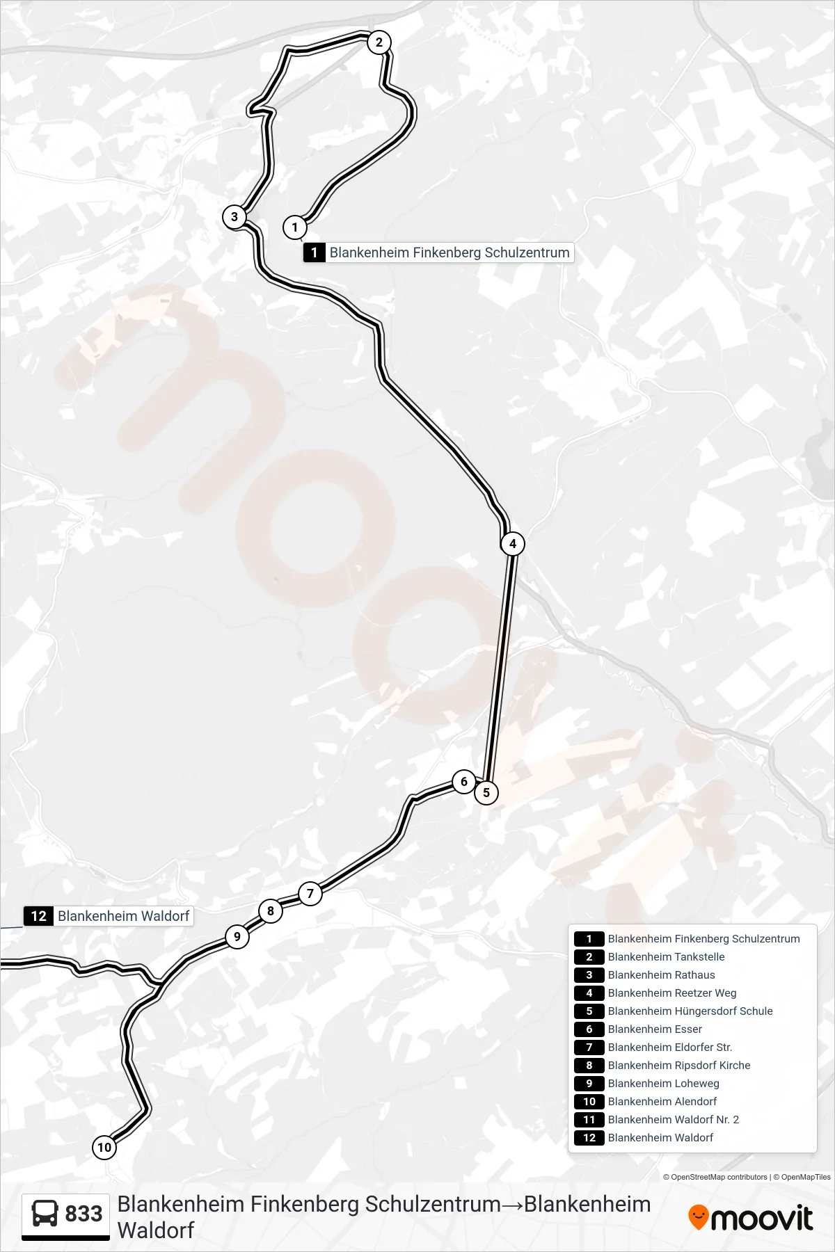 Linie 833 (Bus) Richtung Blankenheim Finkenberg Schulzentrum‎→Blankenheim Waldorf: Route und Haltestellen auf der Karte