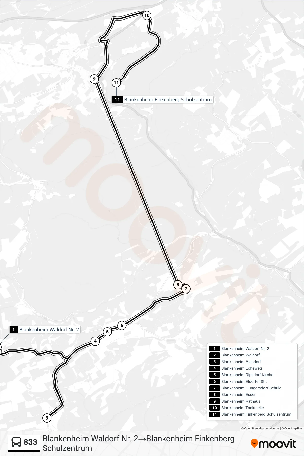 Linie 833 (Bus) Richtung Blankenheim Waldorf Nr. 2‎→Blankenheim Finkenberg Schulzentrum: Route und Haltestellen auf der Karte