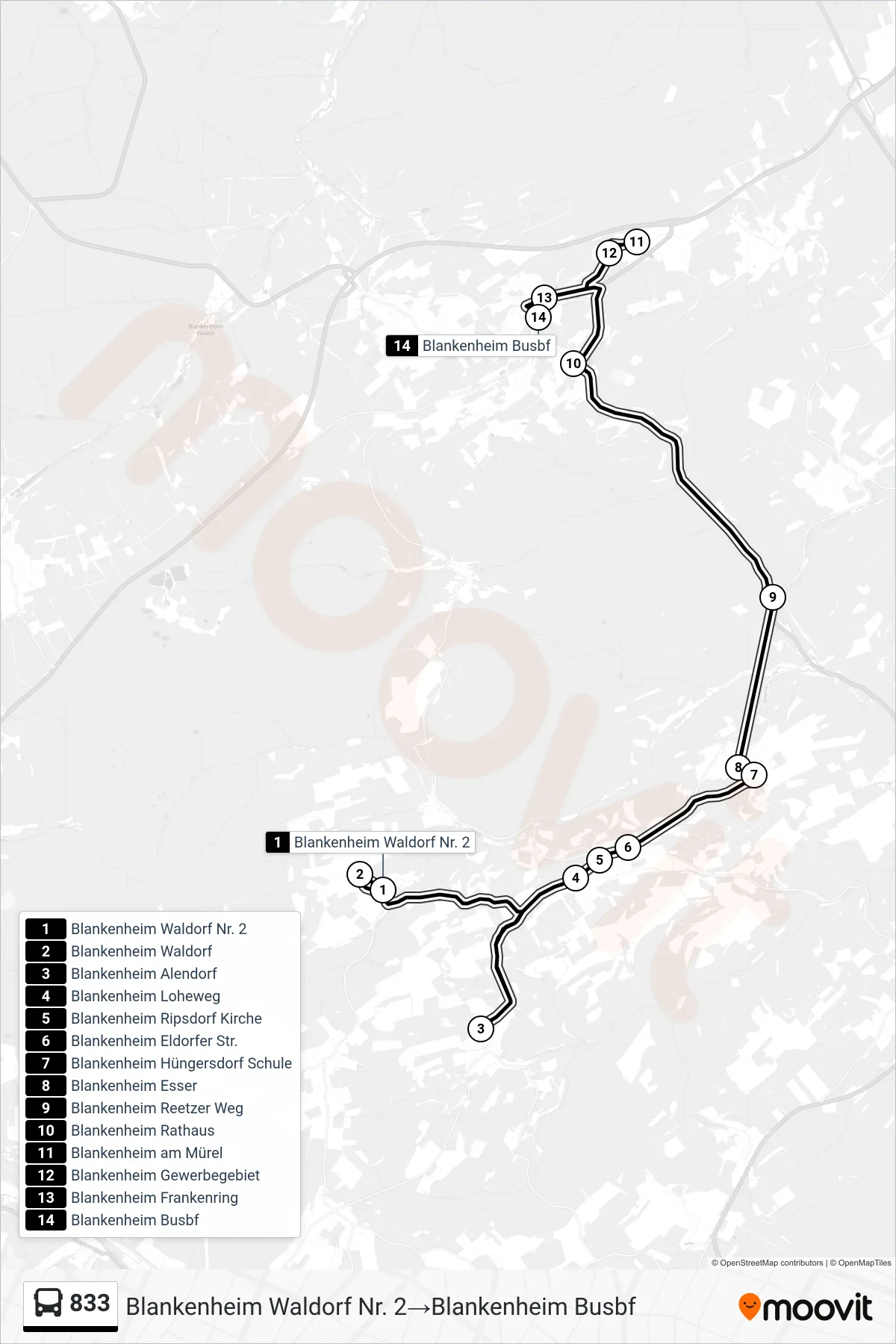 Linie 833 (Bus) Richtung Blankenheim Waldorf Nr. 2‎→Blankenheim Busbf: Route und Haltestellen auf der Karte