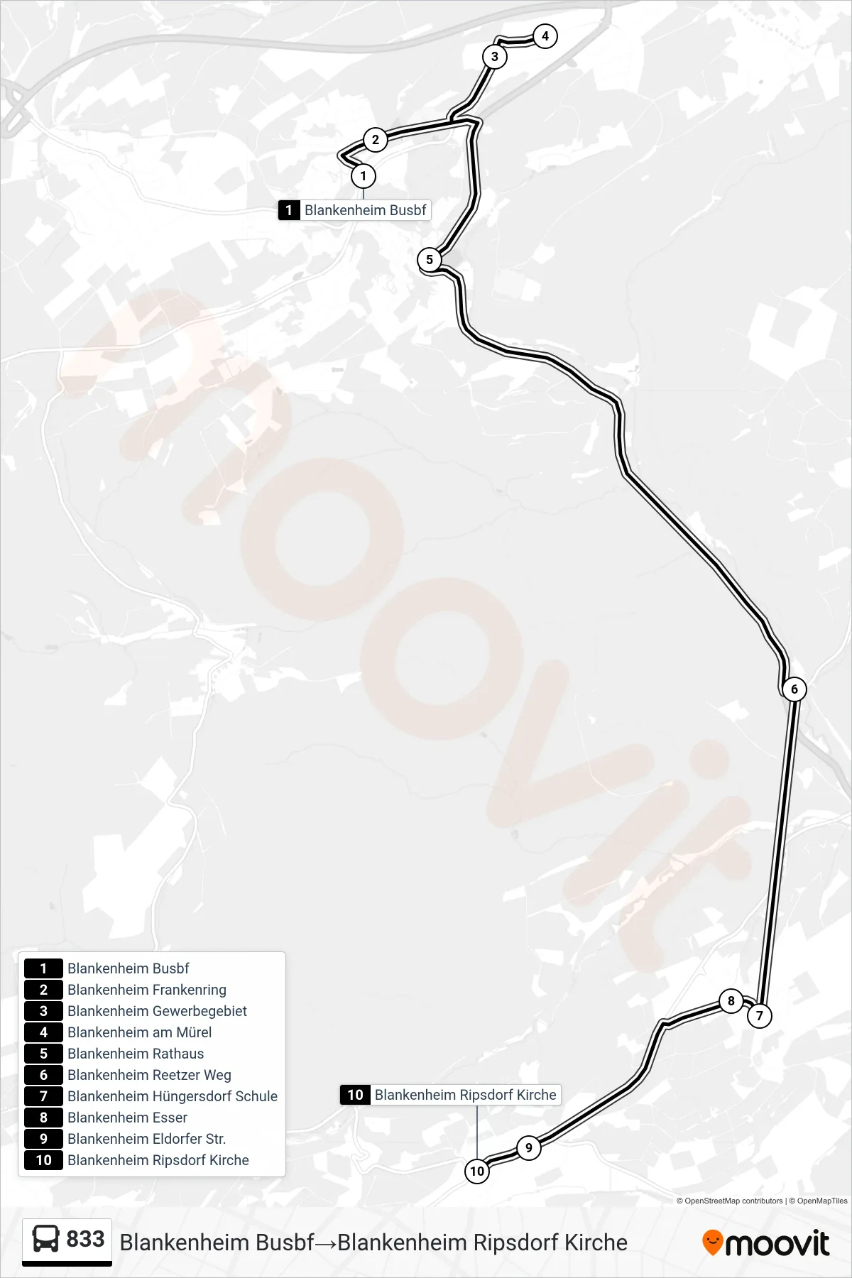 Linie 833 (Bus) Richtung Blankenheim Busbf‎→Blankenheim Ripsdorf Kirche: Route und Haltestellen auf der Karte