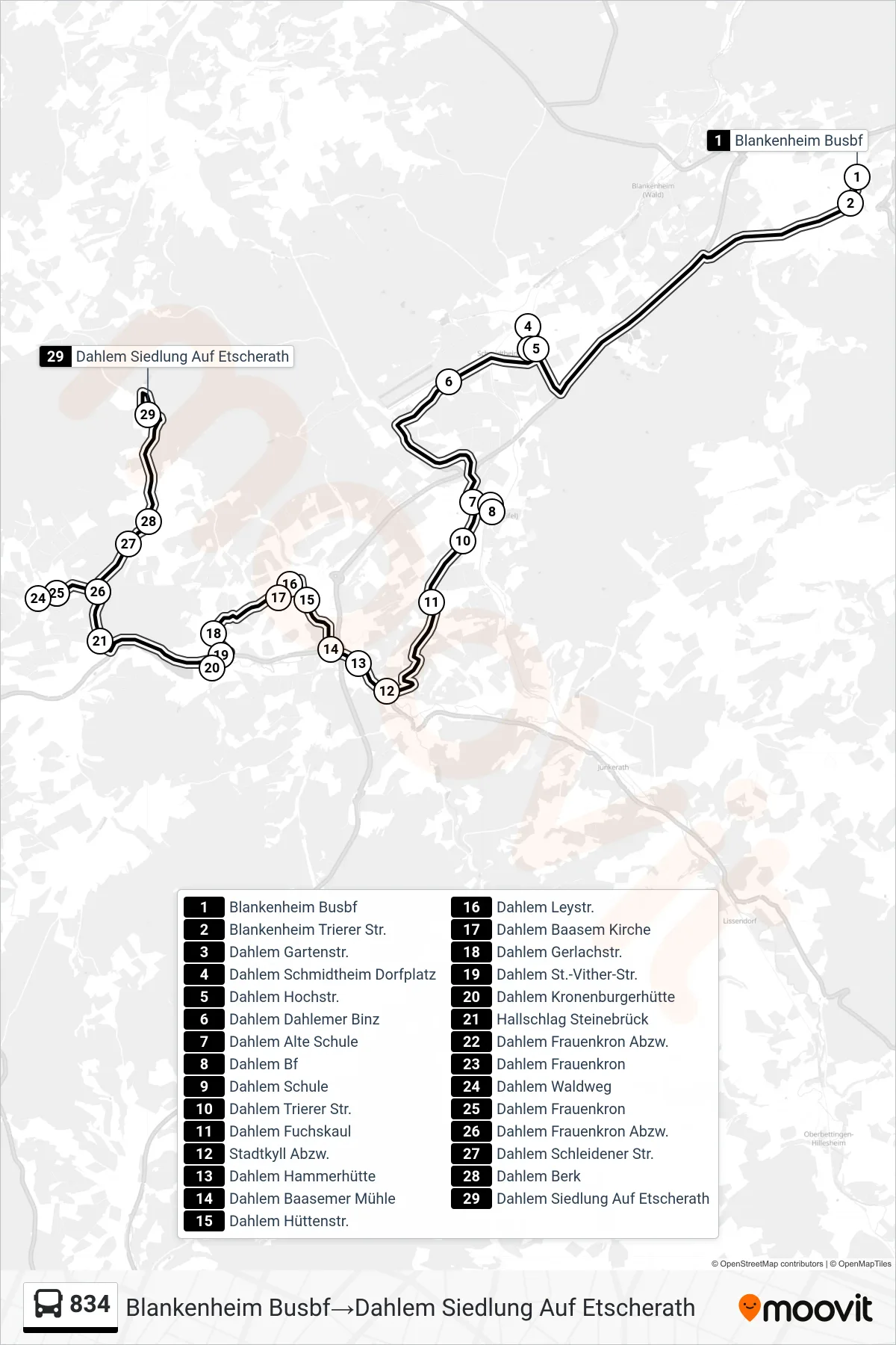 Linie 834 (Bus) Richtung Blankenheim Busbf‎→Dahlem Siedlung Auf Etscherath: Route und Haltestellen auf der Karte