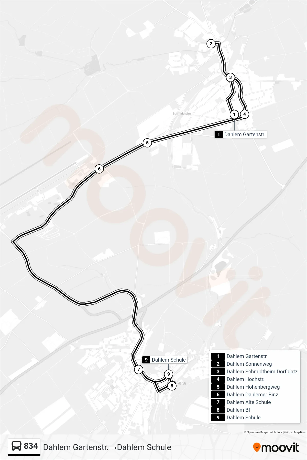 834 bus Line (Dahlem Gartenstr.→Dahlem Schule) route and stops on a map