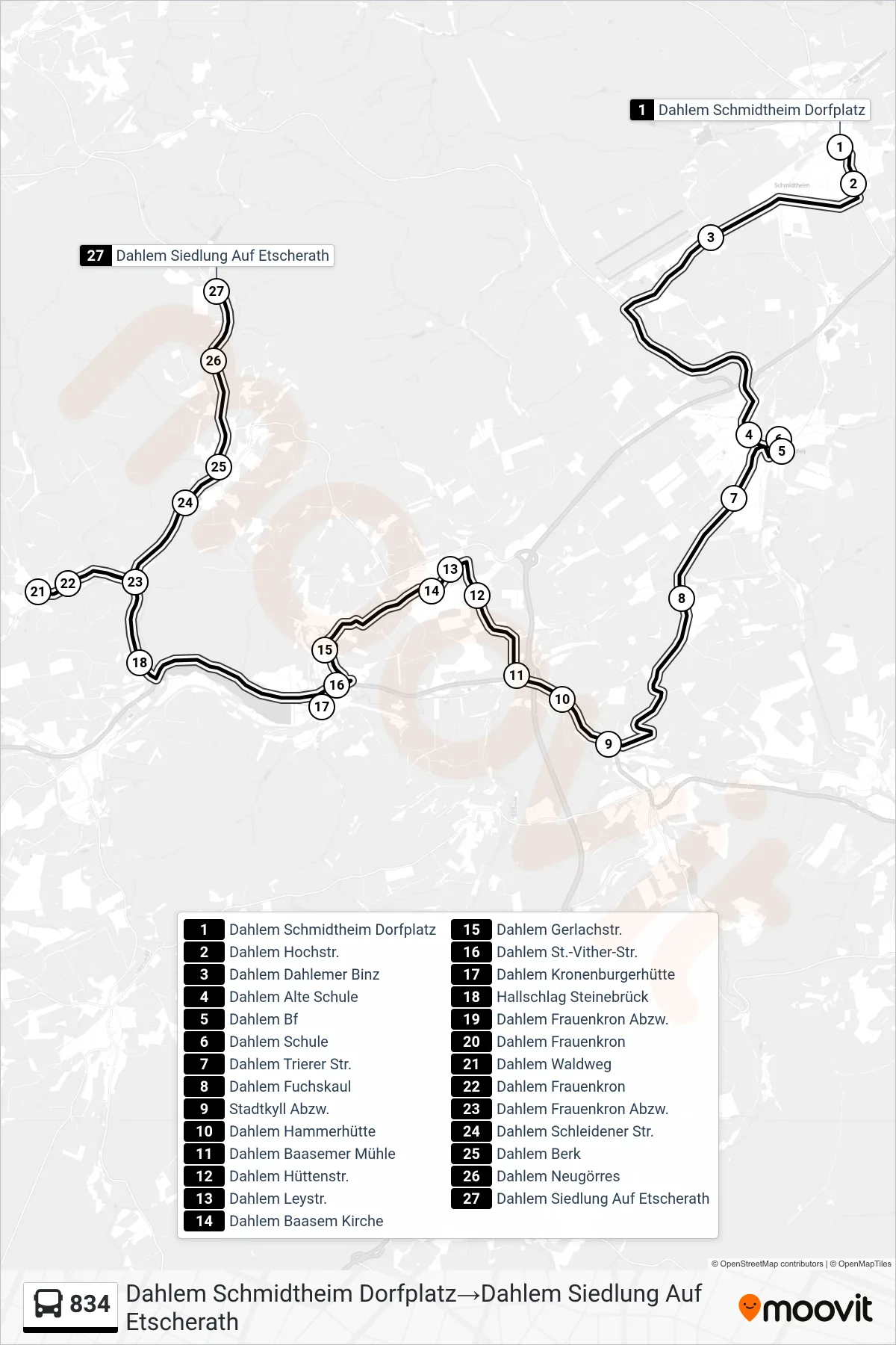 Linie 834 (Bus) Richtung Dahlem Schmidtheim Dorfplatz‎→Dahlem Siedlung Auf Etscherath: Route und Haltestellen auf der Karte