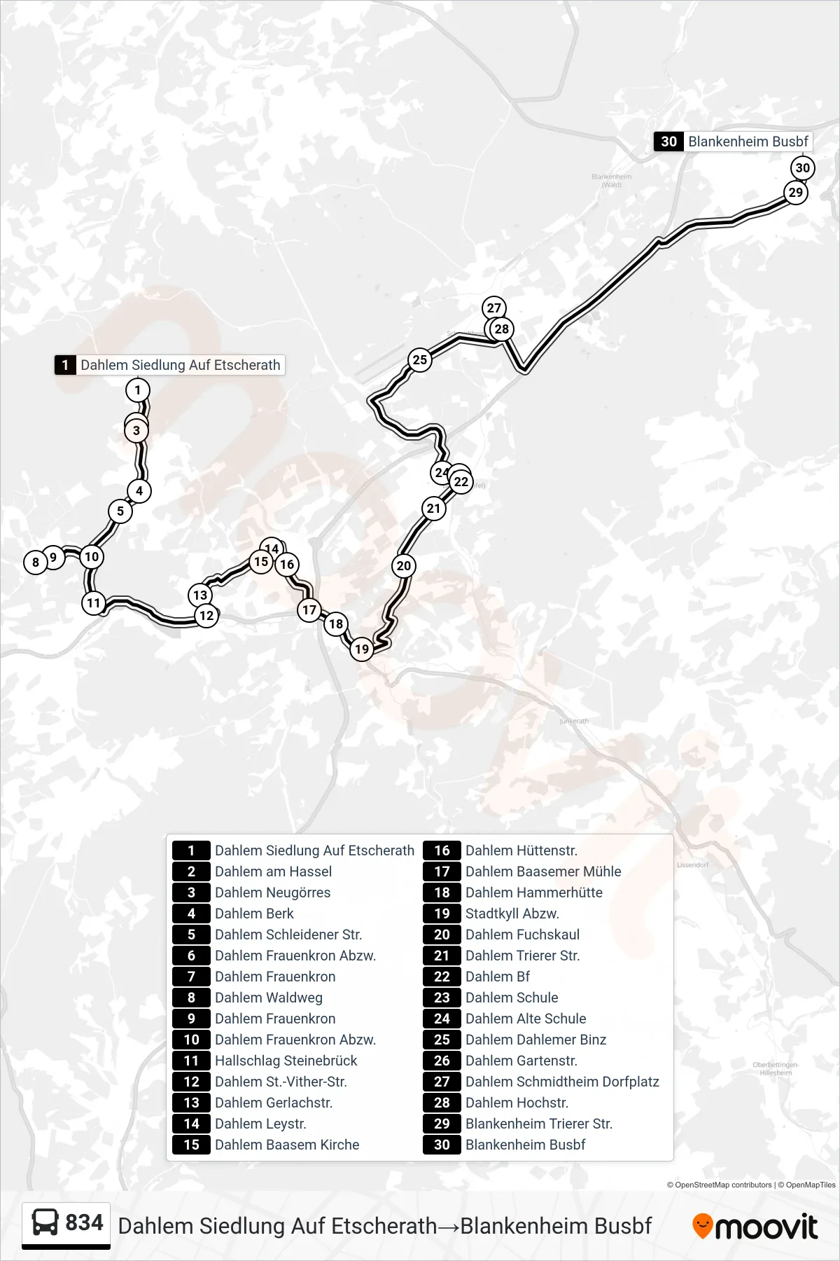 Linie 834 (Bus) Richtung Dahlem Siedlung Auf Etscherath‎→Blankenheim Busbf: Route und Haltestellen auf der Karte