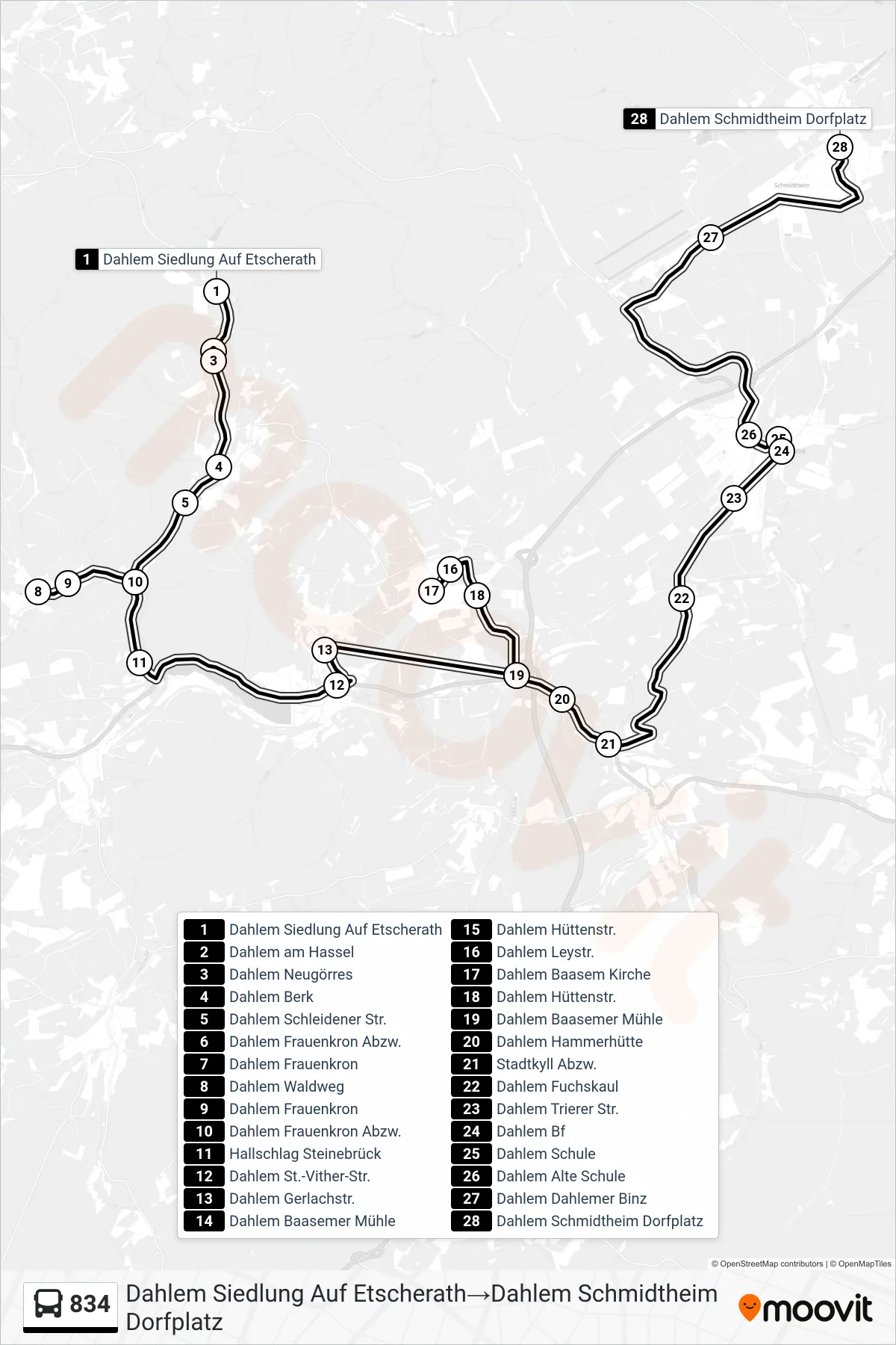 Linie 834 (Bus) Richtung Dahlem Siedlung Auf Etscherath→Dahlem Schmidtheim Dorfplatz: Route und Haltestellen auf der Karte