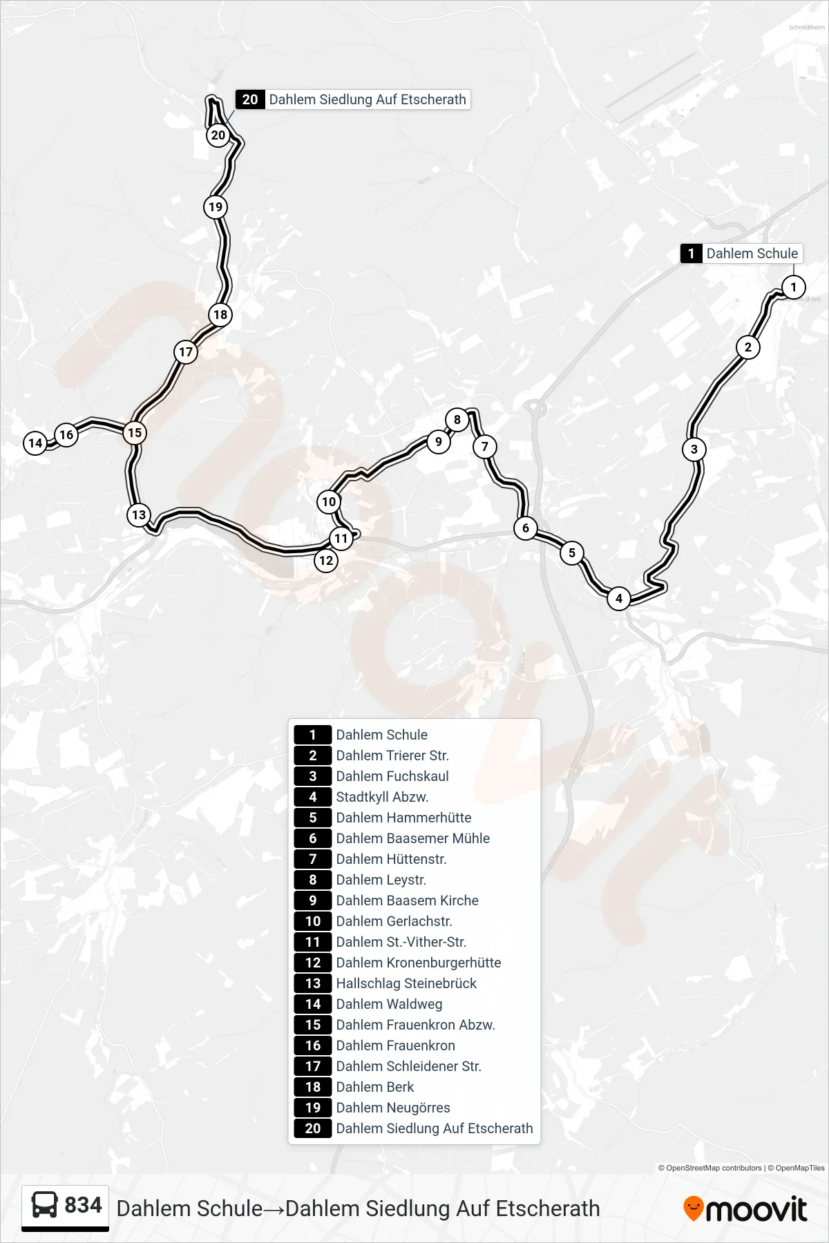 Linie 834 (Bus) Richtung Dahlem Schule‎→Dahlem Siedlung Auf Etscherath: Route und Haltestellen auf der Karte