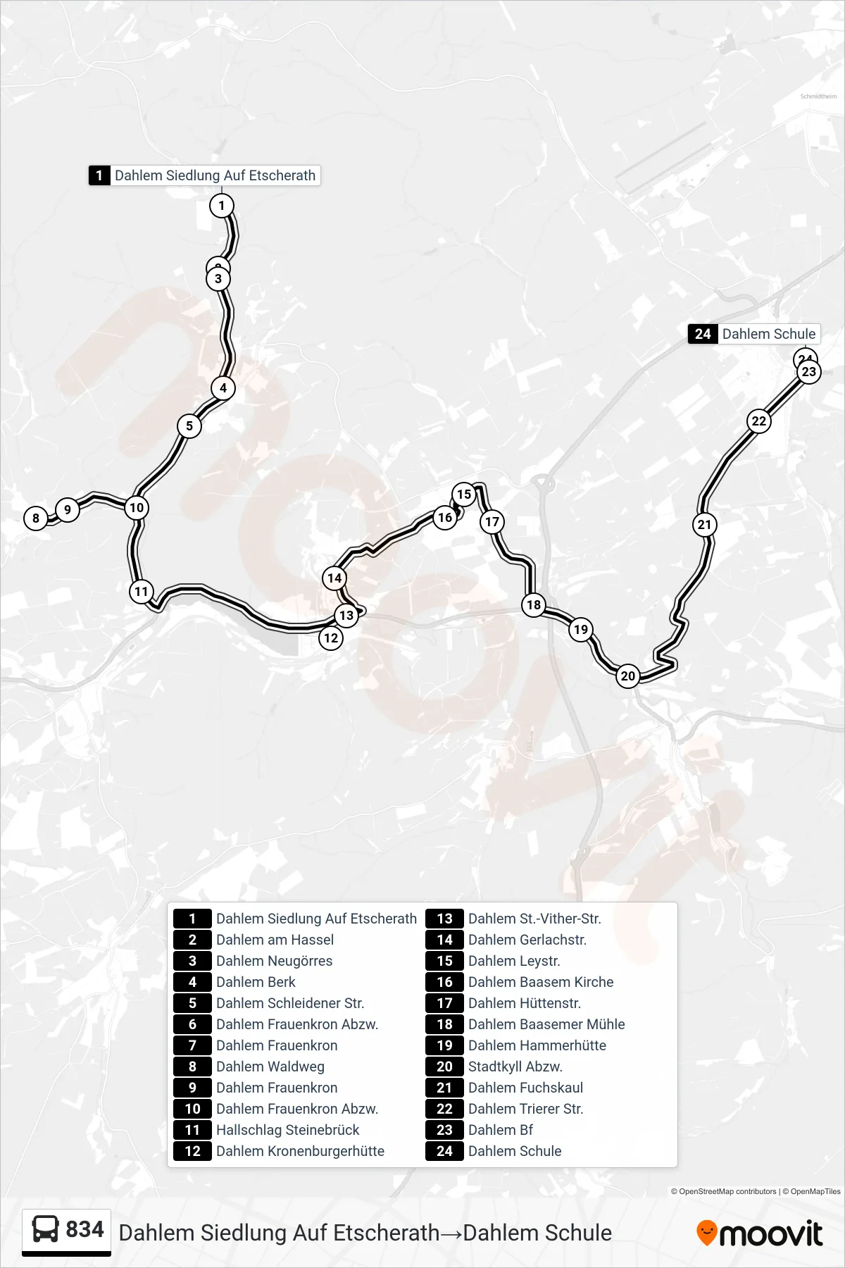 Linie 834 (Bus) Richtung Dahlem Siedlung Auf Etscherath‎→Dahlem Schule: Route und Haltestellen auf der Karte