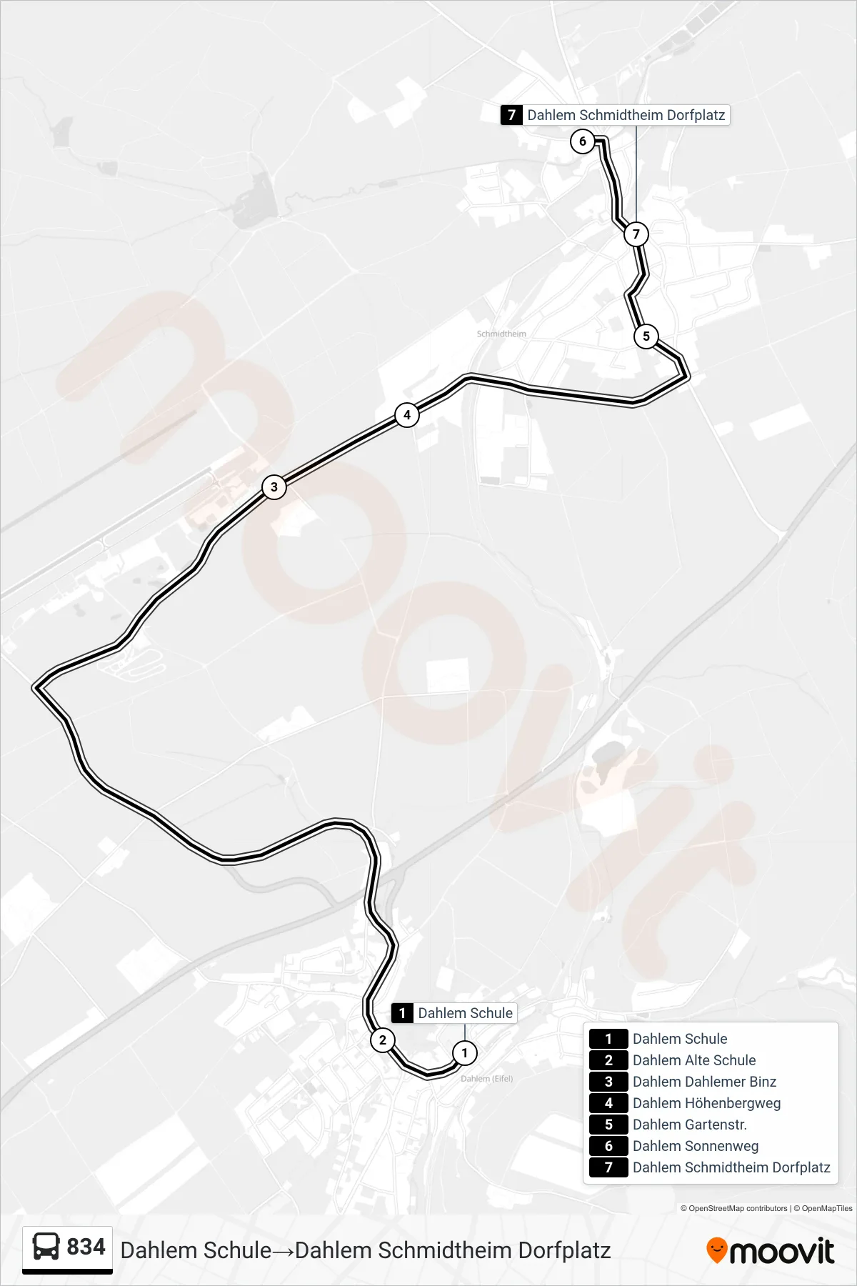 834 bus Line (Dahlem Schule→Dahlem Schmidtheim Dorfplatz) route and stops on a map