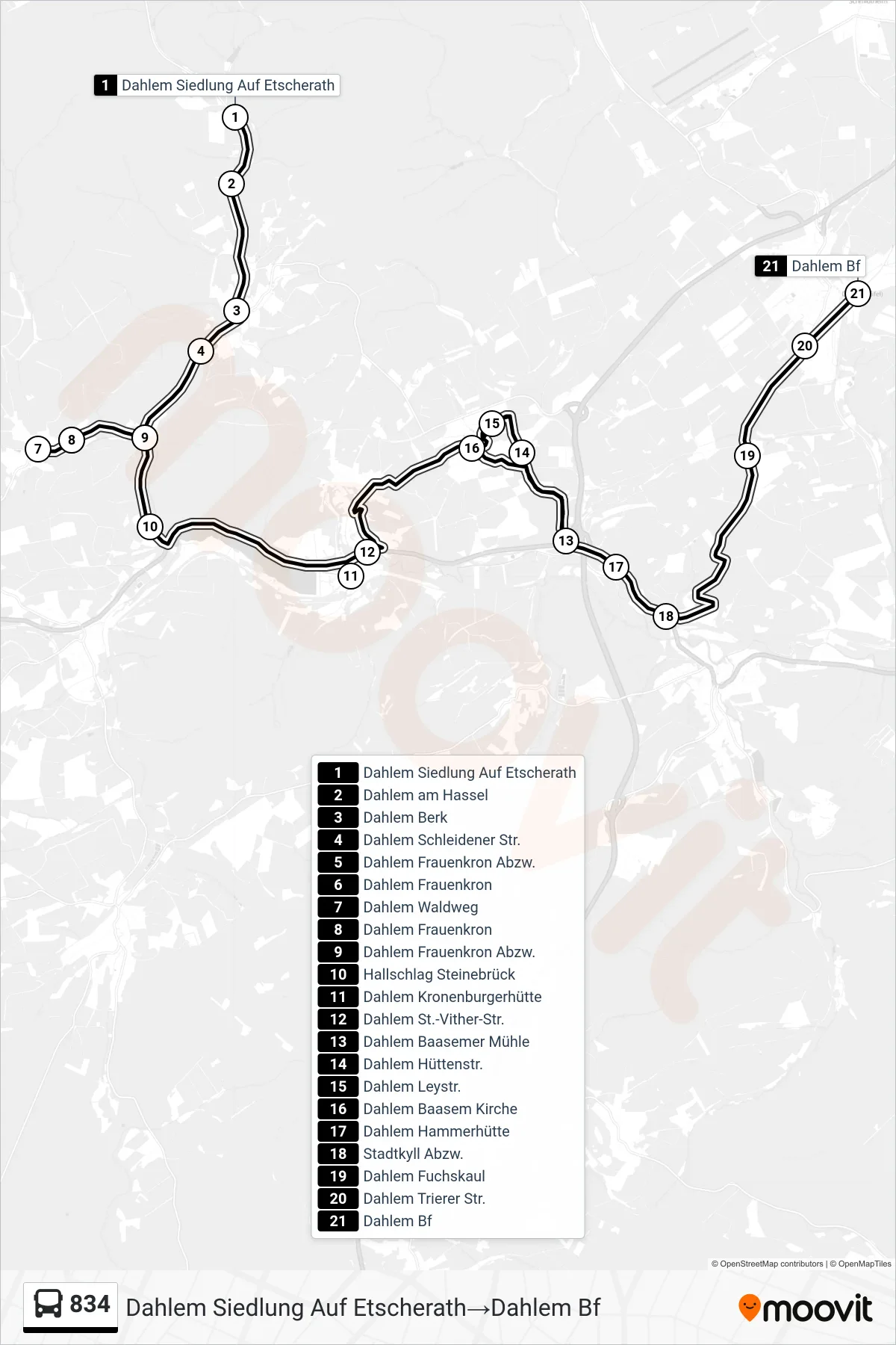 Linie 834 (Bus) Richtung Dahlem Siedlung Auf Etscherath‎→Dahlem Bf: Route und Haltestellen auf der Karte