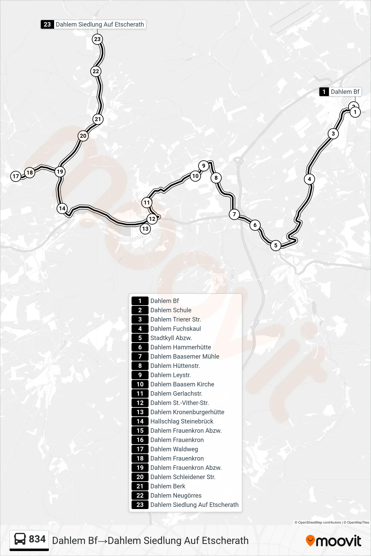 Linie 834 (Bus) Richtung Dahlem Bf→Dahlem Siedlung Auf Etscherath: Route und Haltestellen auf der Karte
