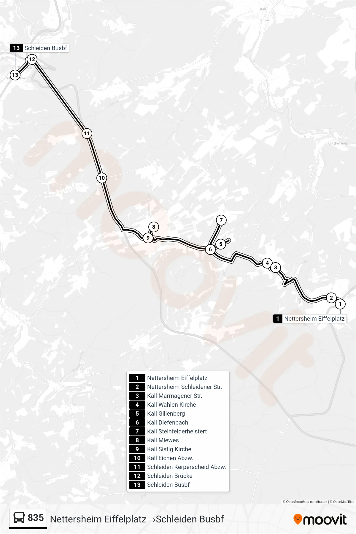 Linie 835 (Bus) Richtung Nettersheim Eiffelplatz→Schleiden Busbf: Route und Haltestellen auf der Karte