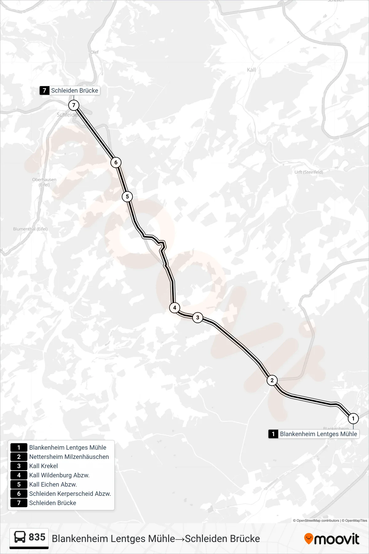 835 bus Line (Blankenheim Lentges Mühle‎→Schleiden Brücke) route and stops on a map