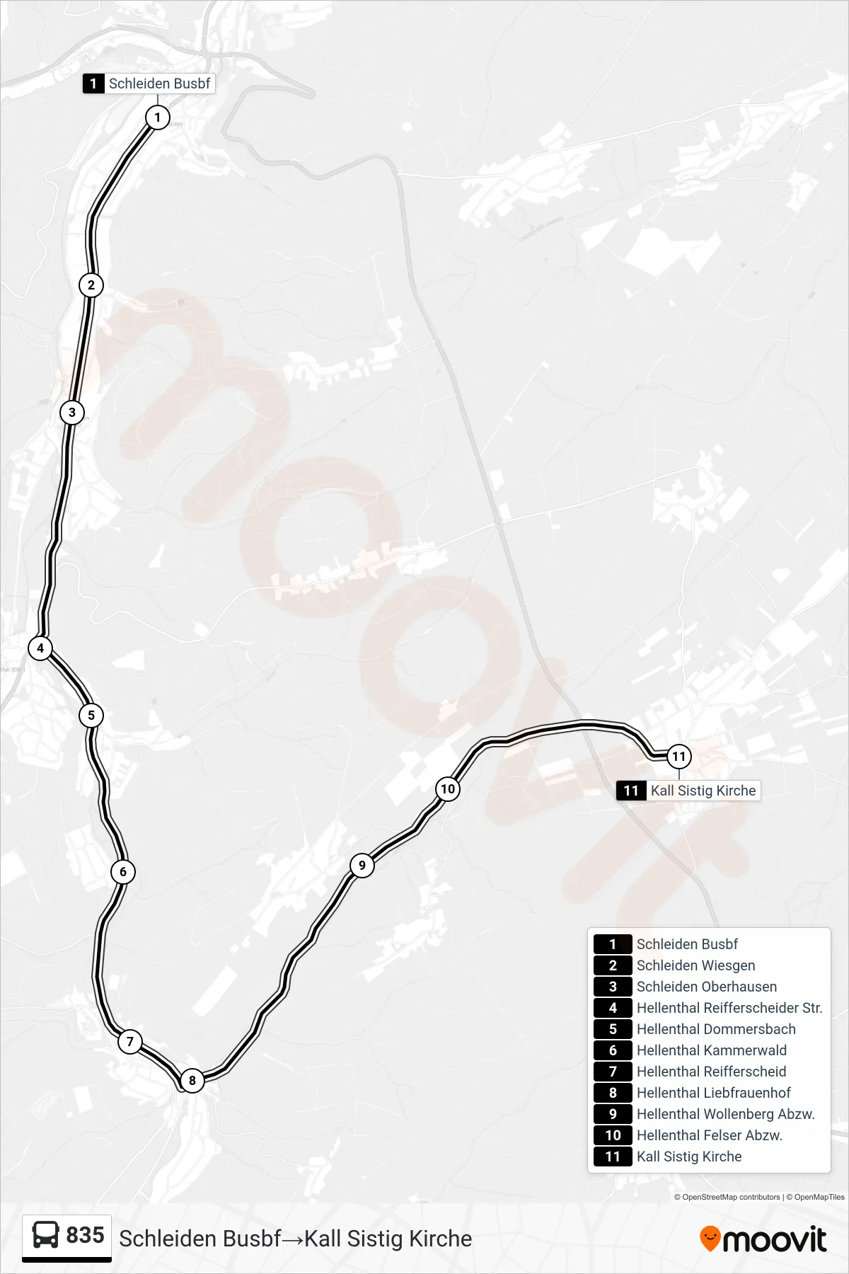 Linie 835 (Bus) Richtung Schleiden Busbf→Kall Sistig Kirche: Route und Haltestellen auf der Karte