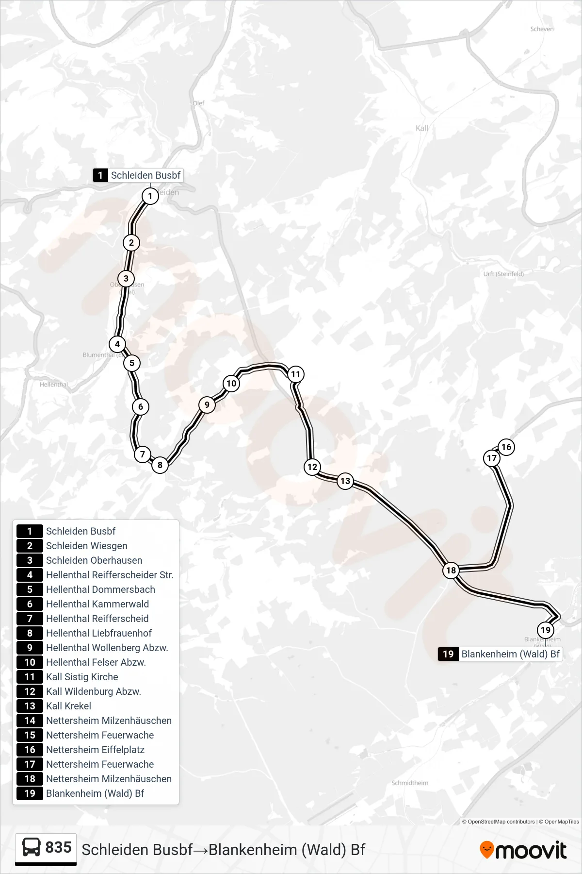 Linie 835 (Bus) Richtung Schleiden Busbf→Blankenheim (Wald) Bf: Route und Haltestellen auf der Karte