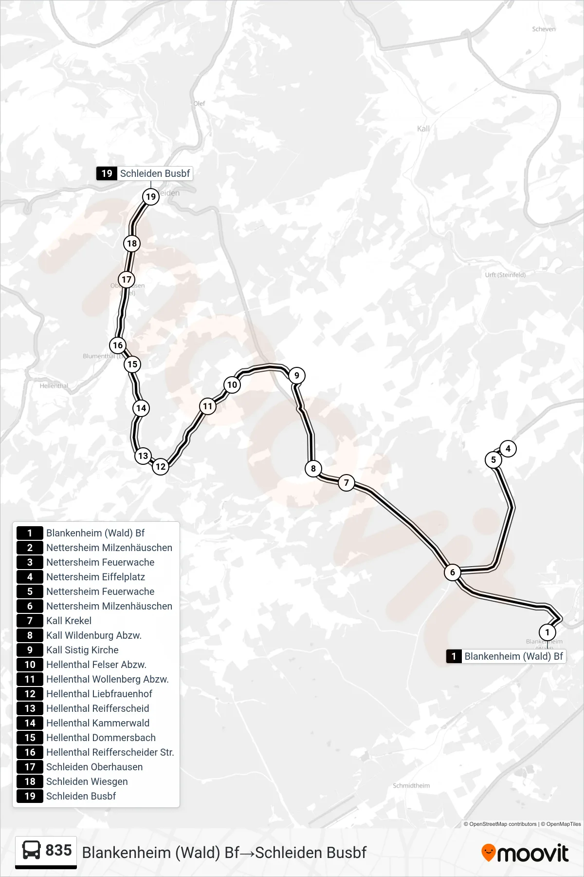 Linie 835 (Bus) Richtung Blankenheim (Wald) Bf→Schleiden Busbf: Route und Haltestellen auf der Karte