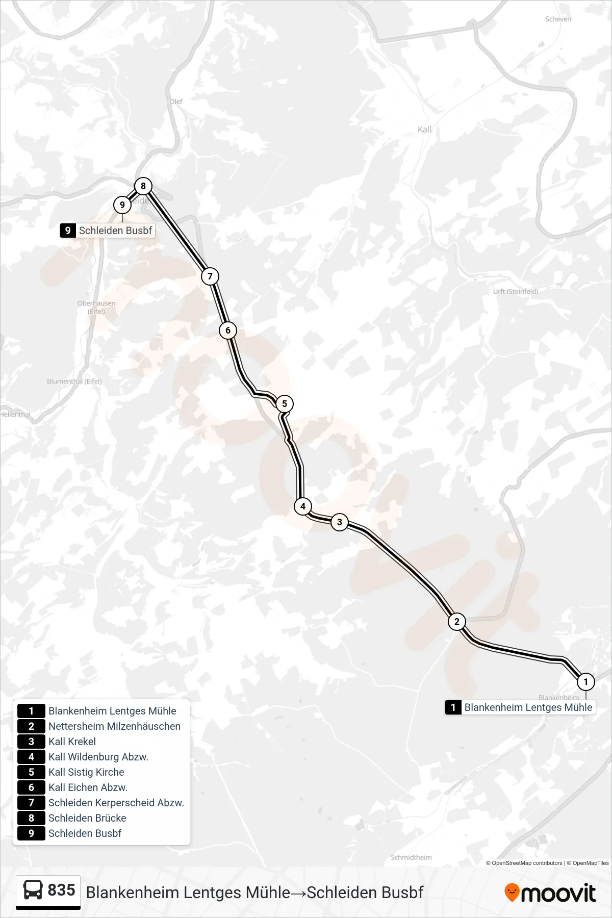 835 bus Line (Blankenheim Lentges Mühle→Schleiden Busbf) route and stops on a map