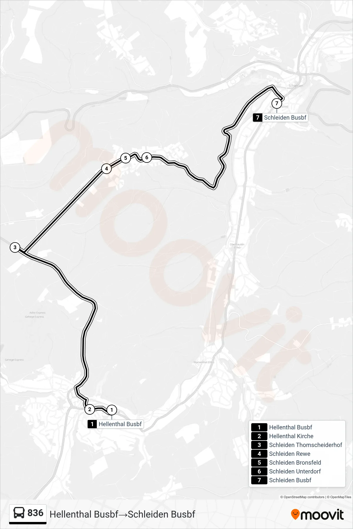 Linie 836 (Bus) Richtung Hellenthal Busbf→Schleiden Busbf: Route und Haltestellen auf der Karte