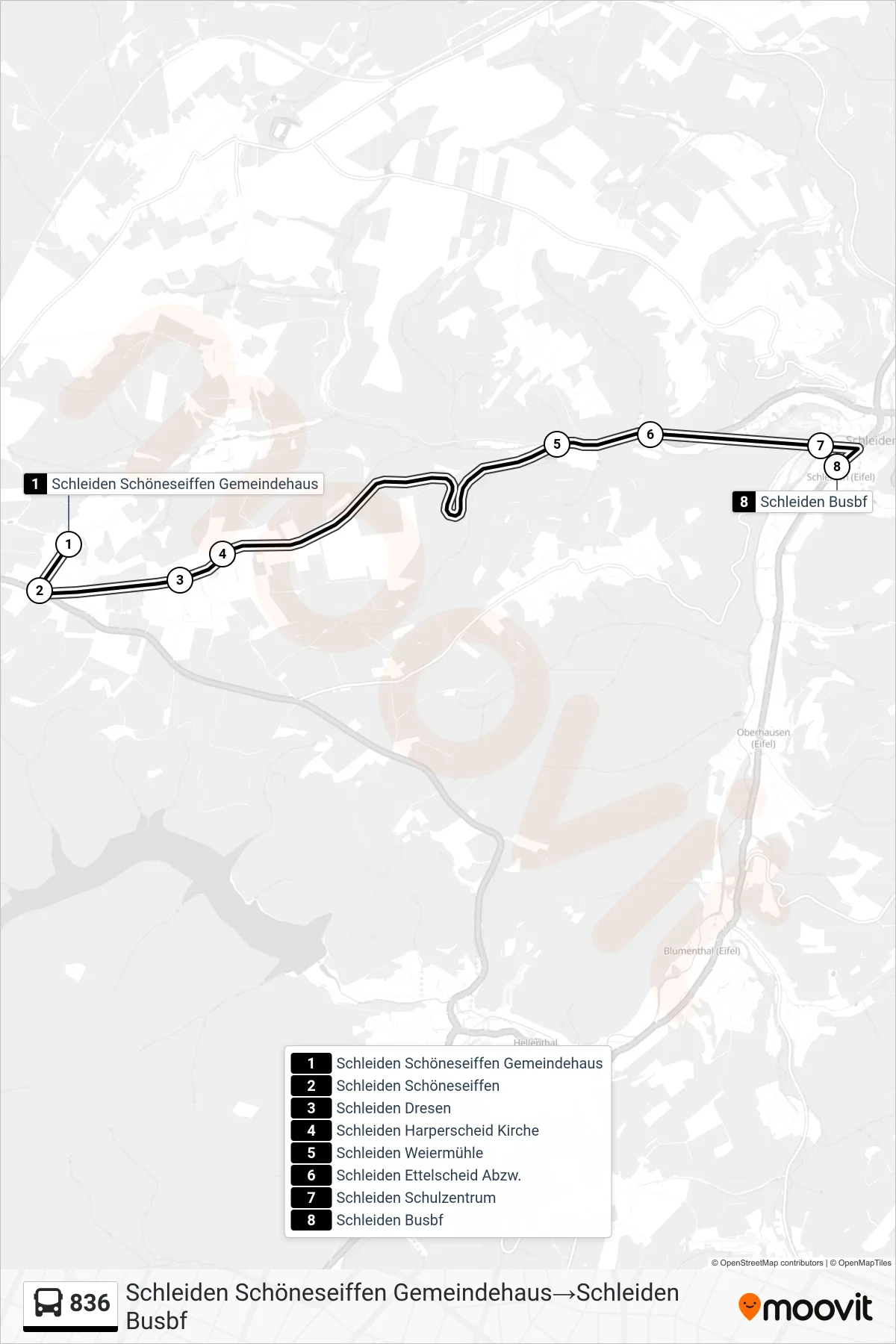 836 bus Line (Schleiden Schöneseiffen Gemeindehaus‎→Schleiden Busbf) route and stops on a map