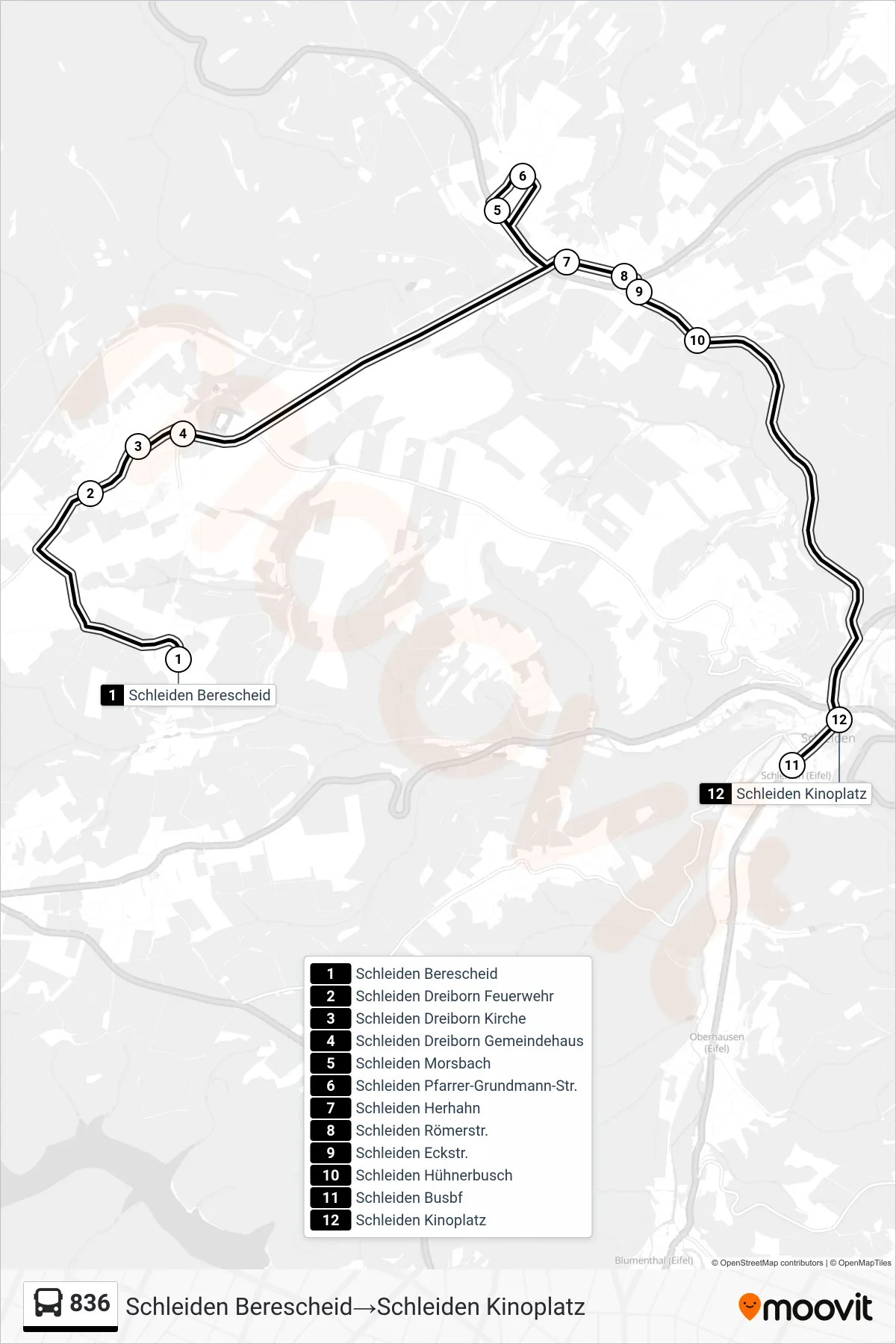 Linie 836 (Bus) Richtung Schleiden Berescheid→Schleiden Kinoplatz: Route und Haltestellen auf der Karte