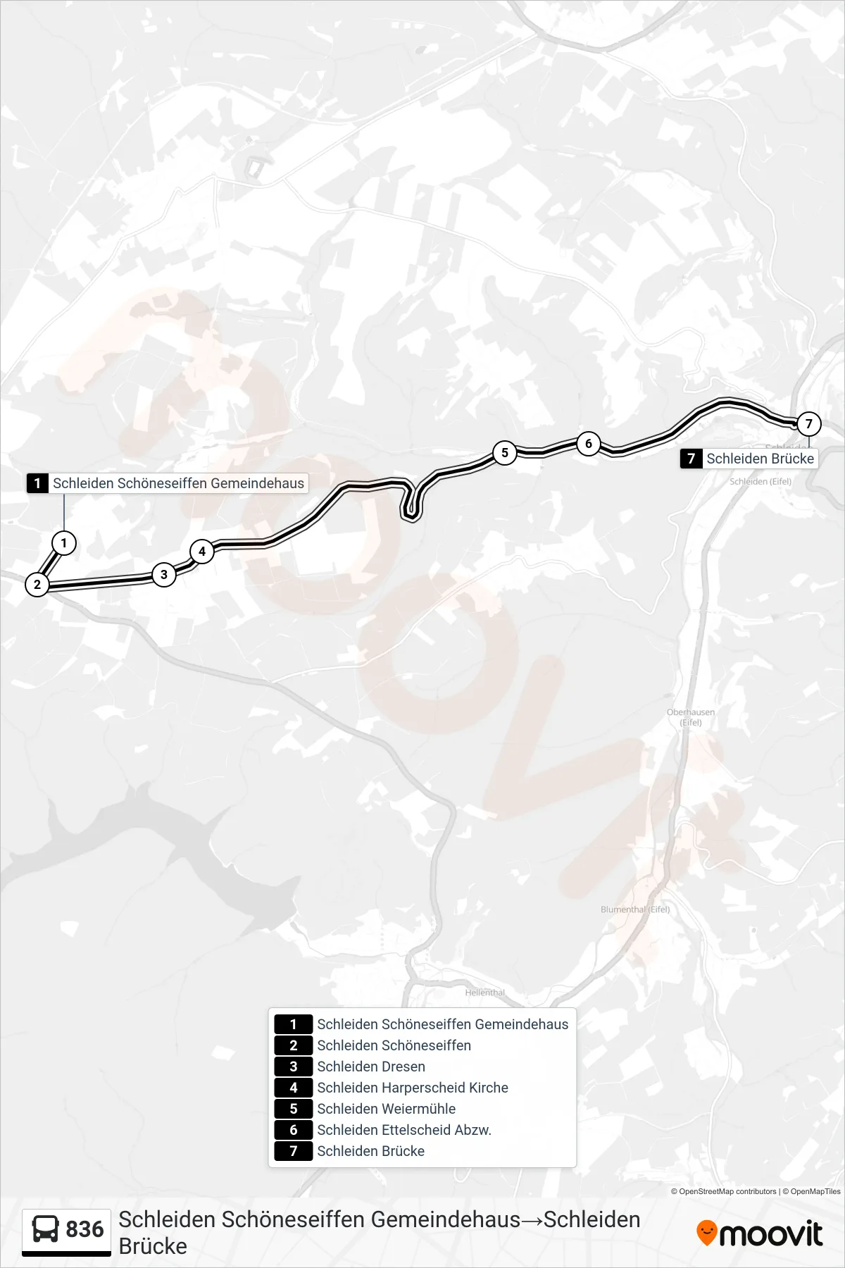 Linie 836 (Bus) Richtung Schleiden Schöneseiffen Gemeindehaus→Schleiden Brücke: Route und Haltestellen auf der Karte