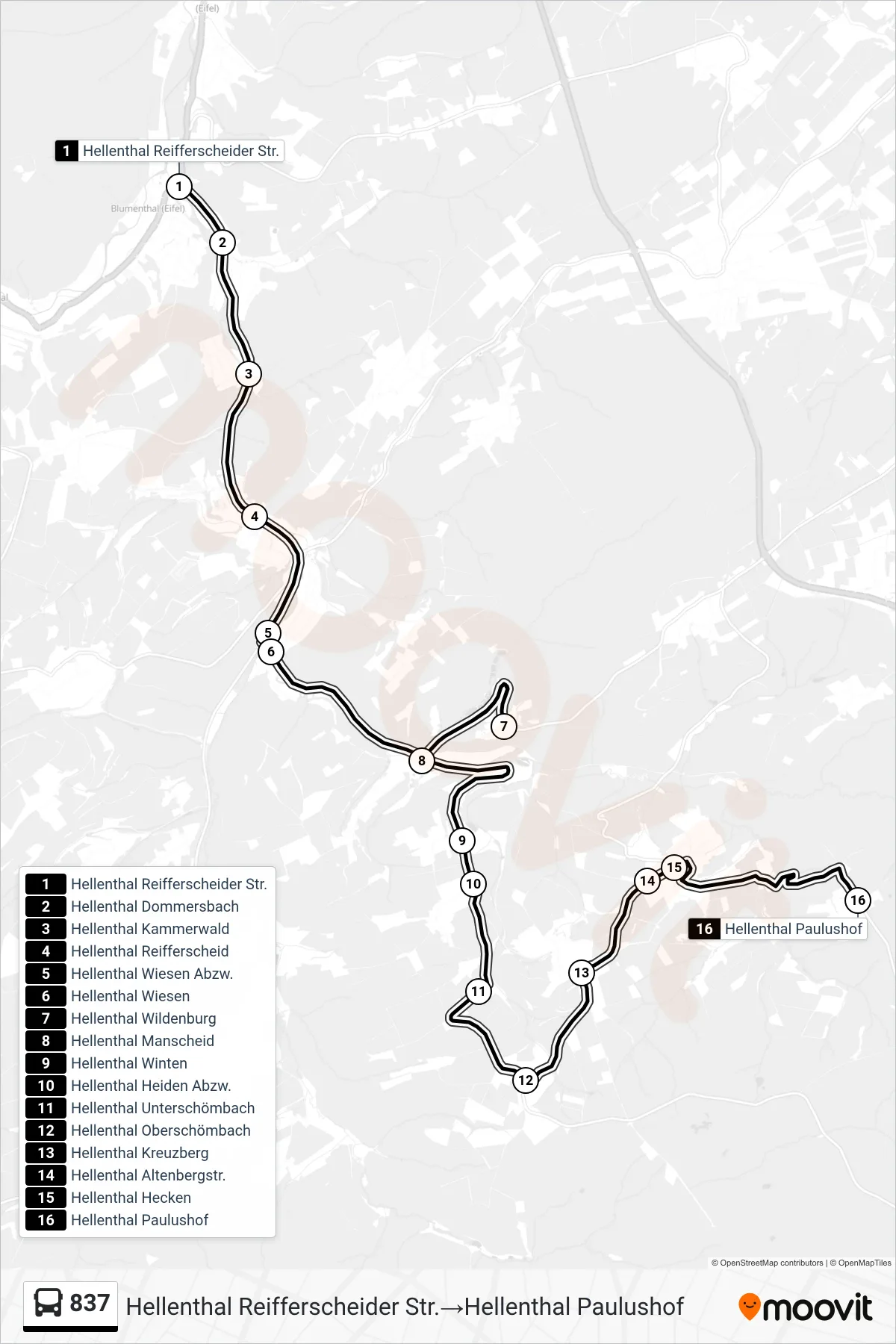 837 bus Line (Hellenthal Reifferscheider Str.→Hellenthal Paulushof) route and stops on a map