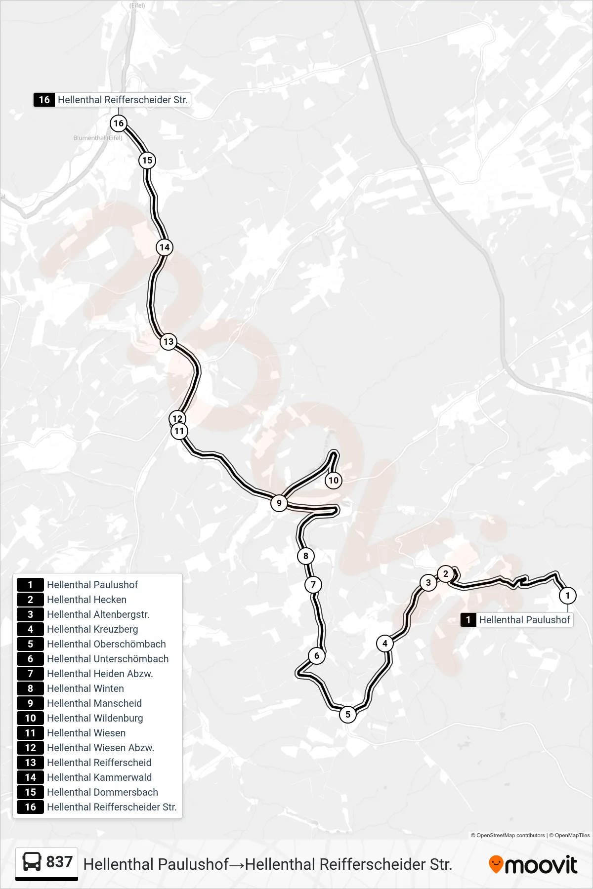 837 bus Line (Hellenthal Paulushof‎→Hellenthal Reifferscheider Str.) route and stops on a map