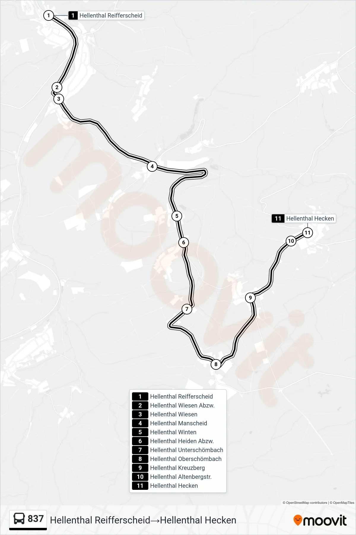 837 bus Line (Hellenthal Reifferscheid‎→Hellenthal Hecken) route and stops on a map
