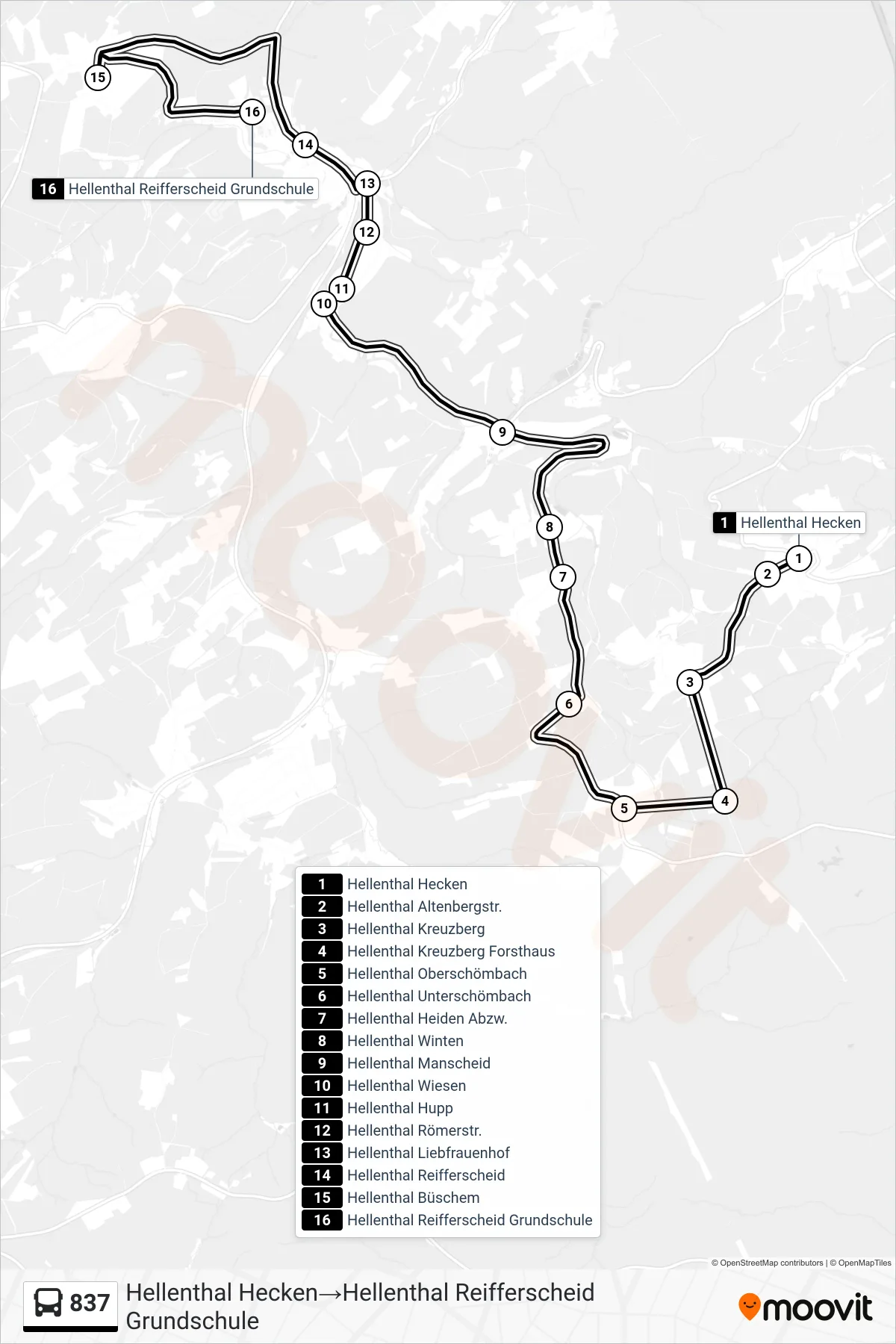 Linie 837 (Bus) Richtung Hellenthal Hecken‎→Hellenthal Reifferscheid Grundschule: Route und Haltestellen auf der Karte