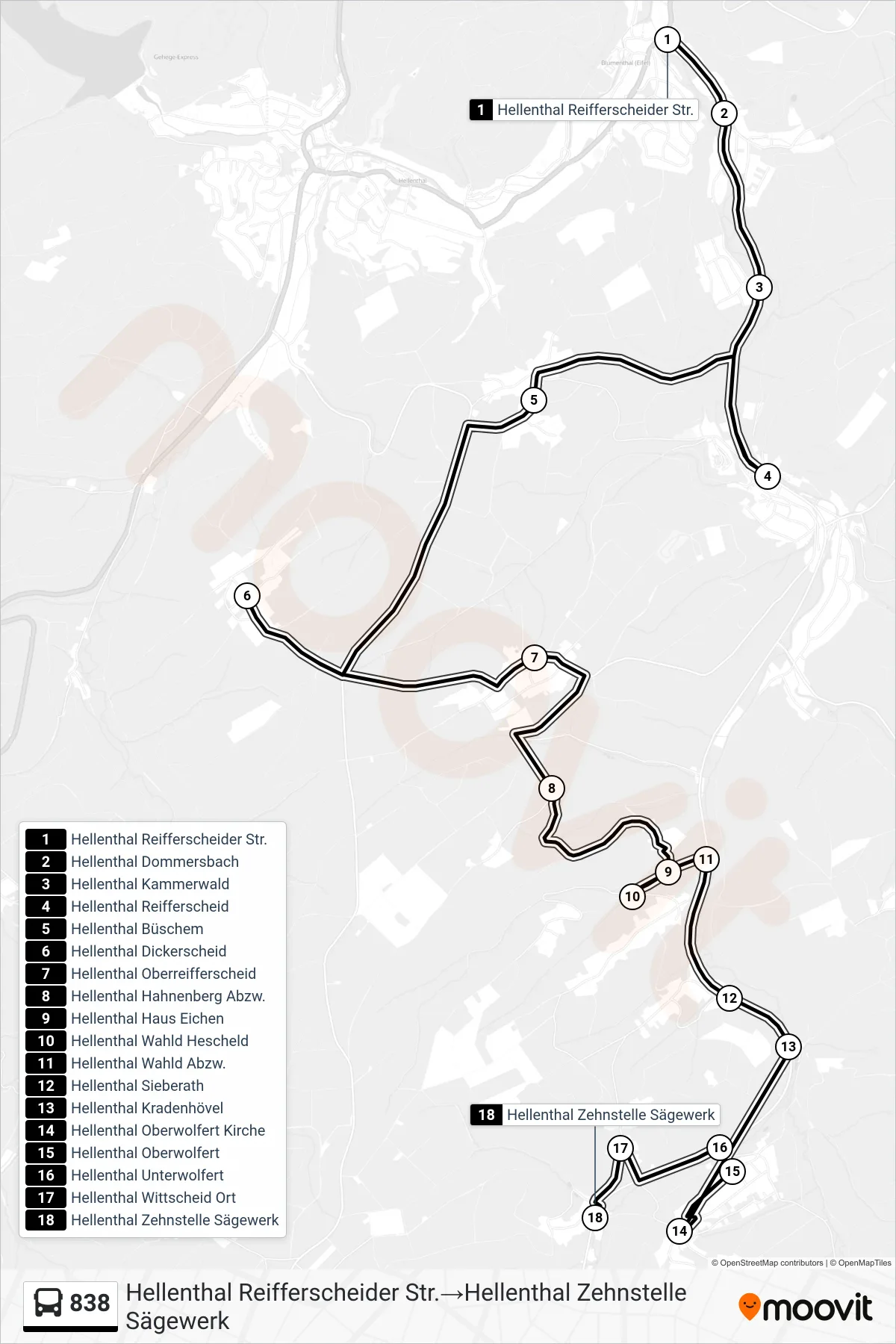 Linie 838 (Bus) Richtung Hellenthal Reifferscheider Str.‎→Hellenthal Zehnstelle Sägewerk: Route und Haltestellen auf der Karte