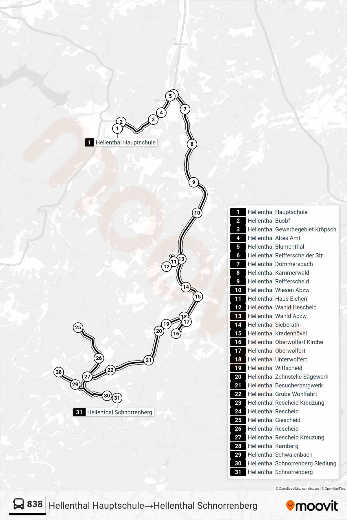 Linie 838 (Bus) Richtung Hellenthal Hauptschule‎→Hellenthal Schnorrenberg: Route und Haltestellen auf der Karte