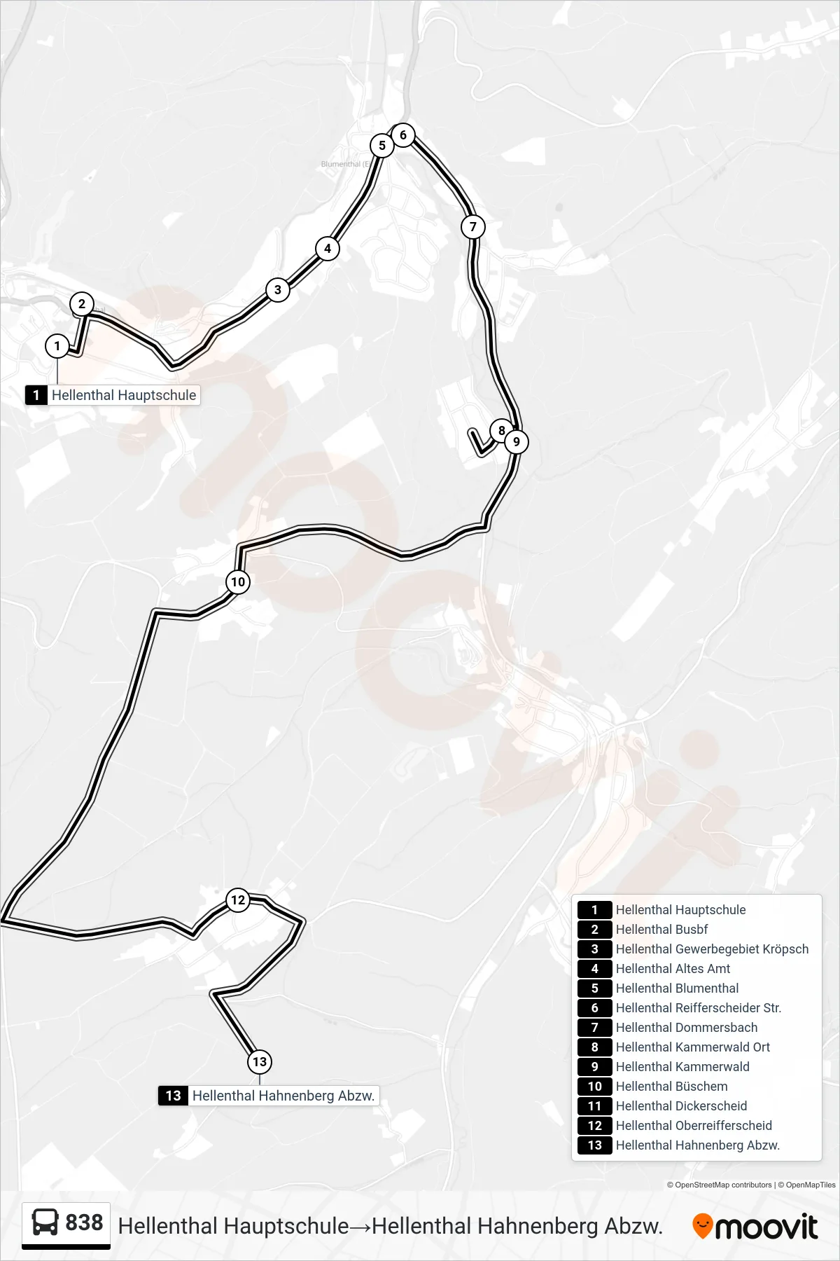838 bus Line (Hellenthal Hauptschule→Hellenthal Hahnenberg Abzw.) route and stops on a map