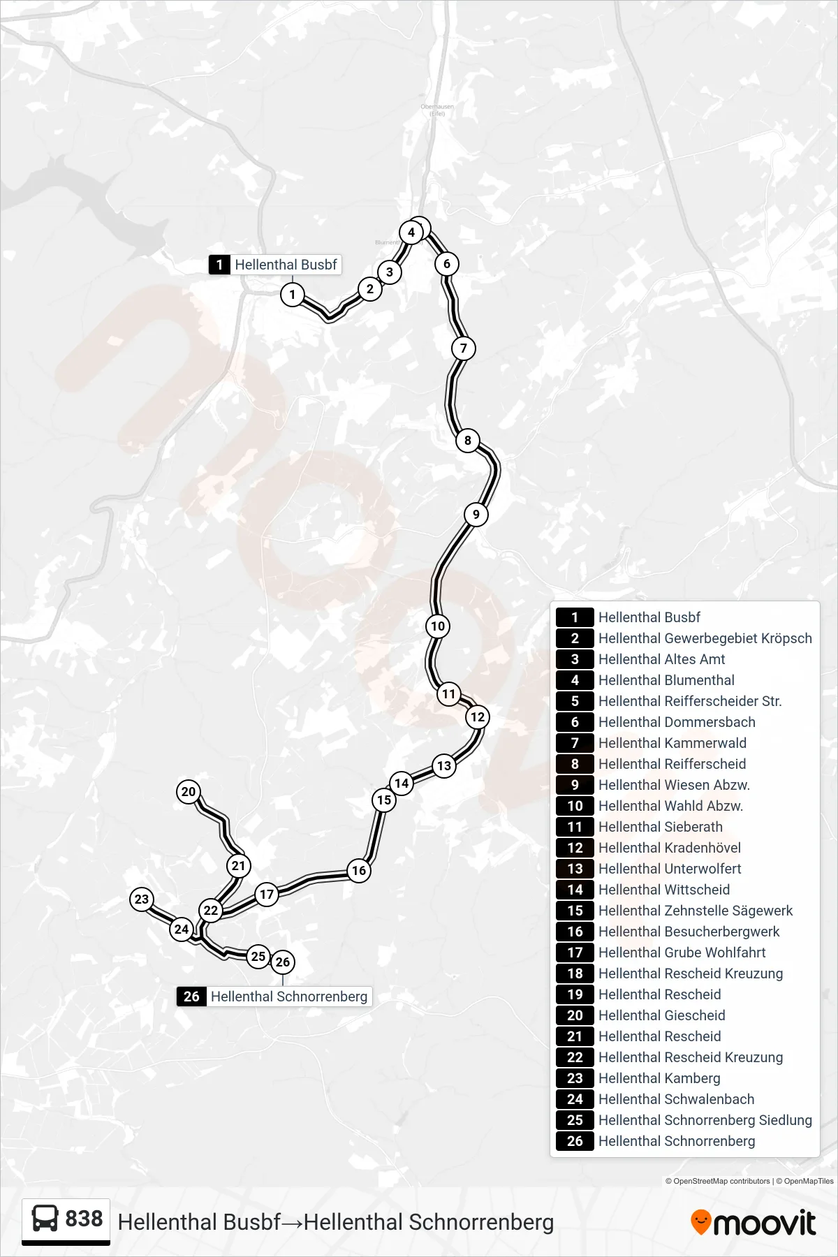 Linie 838 (Bus) Richtung Hellenthal Busbf‎→Hellenthal Schnorrenberg: Route und Haltestellen auf der Karte