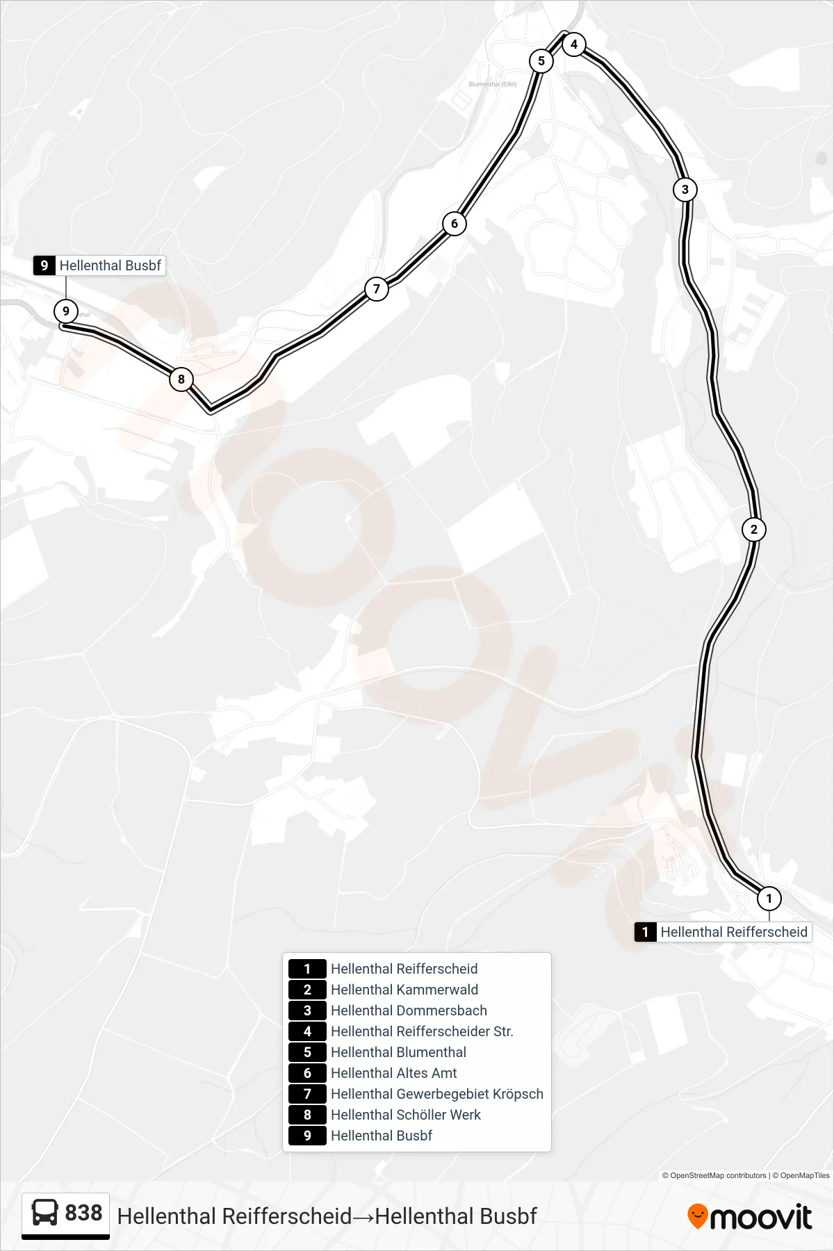 Linie 838 (Bus) Richtung Hellenthal Reifferscheid→Hellenthal Busbf: Route und Haltestellen auf der Karte
