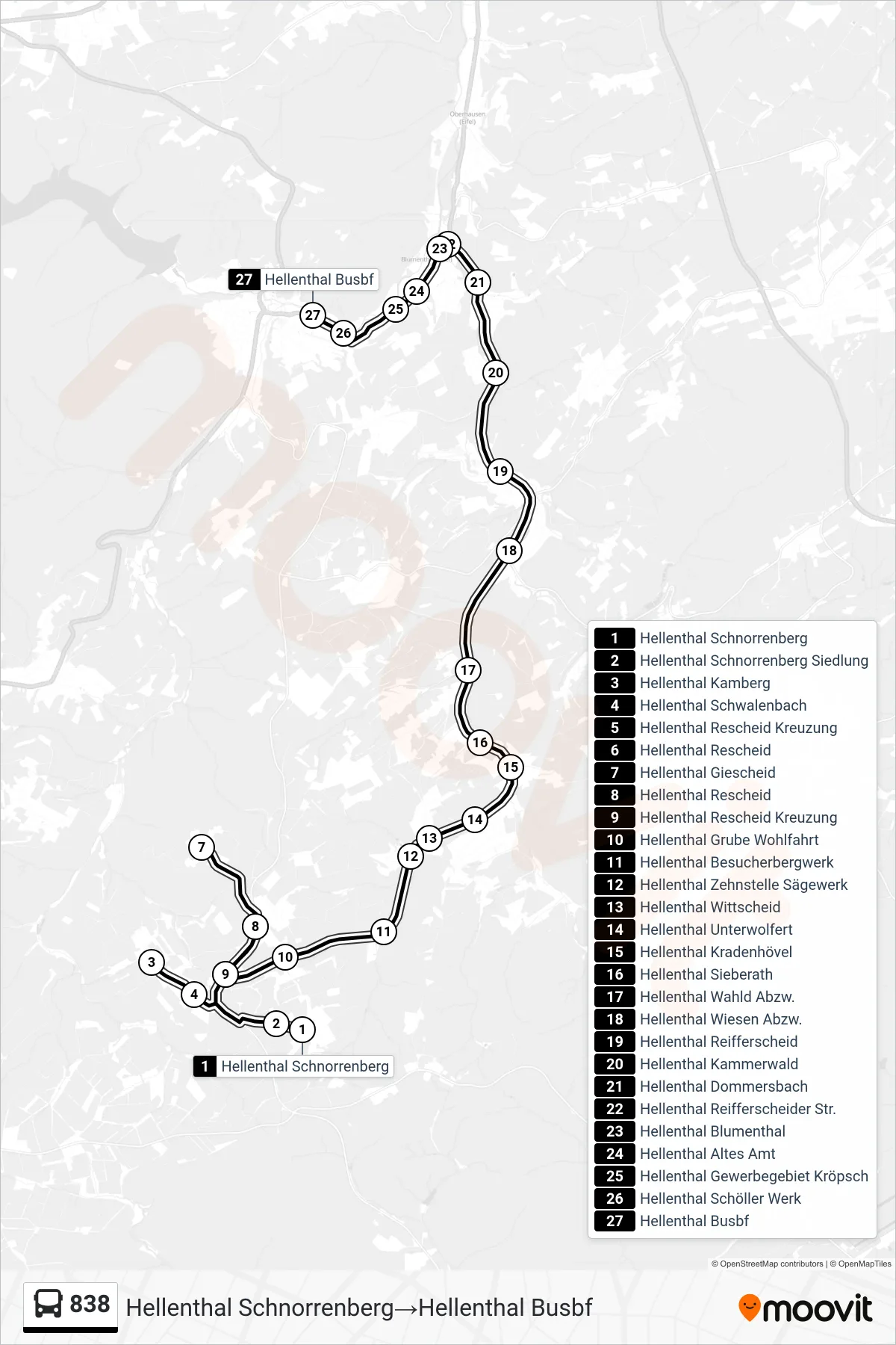 838 bus Line (Hellenthal Schnorrenberg→Hellenthal Busbf) route and stops on a map