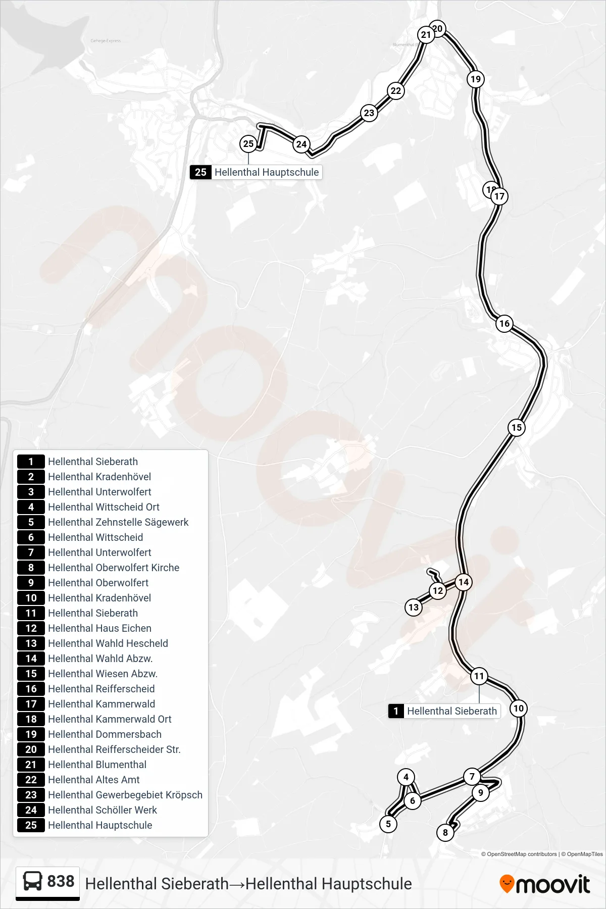 Linie 838 (Bus) Richtung Hellenthal Sieberath→Hellenthal Hauptschule: Route und Haltestellen auf der Karte