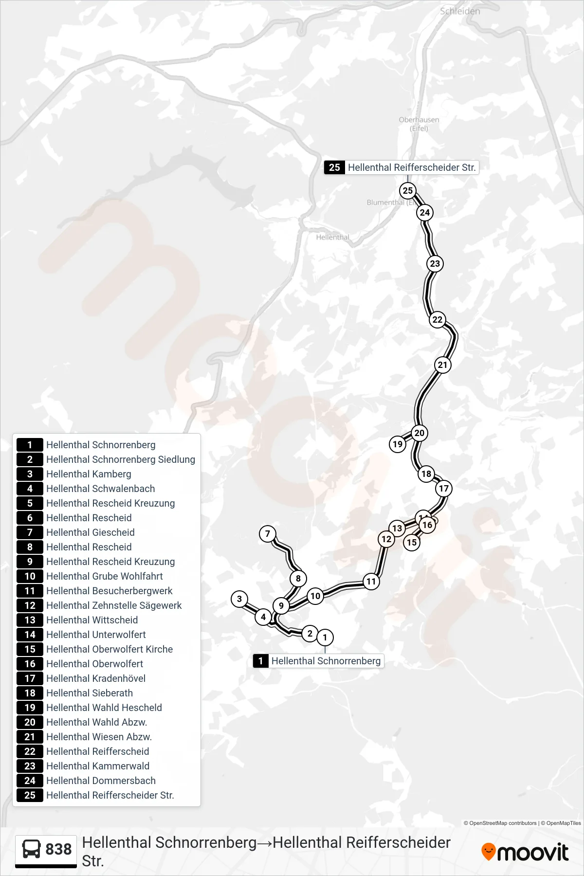 Linie 838 (Bus) Richtung Hellenthal Schnorrenberg→Hellenthal Reifferscheider Str.: Route und Haltestellen auf der Karte