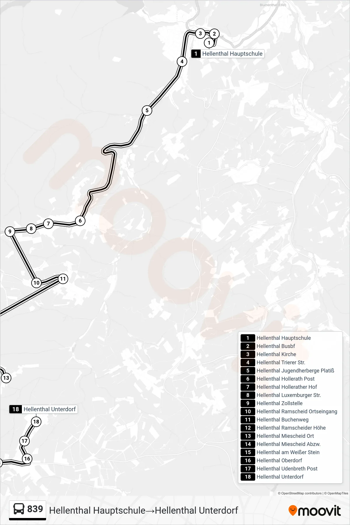 Linie 839 (Bus) Richtung Hellenthal Hauptschule‎→Hellenthal Unterdorf: Route und Haltestellen auf der Karte