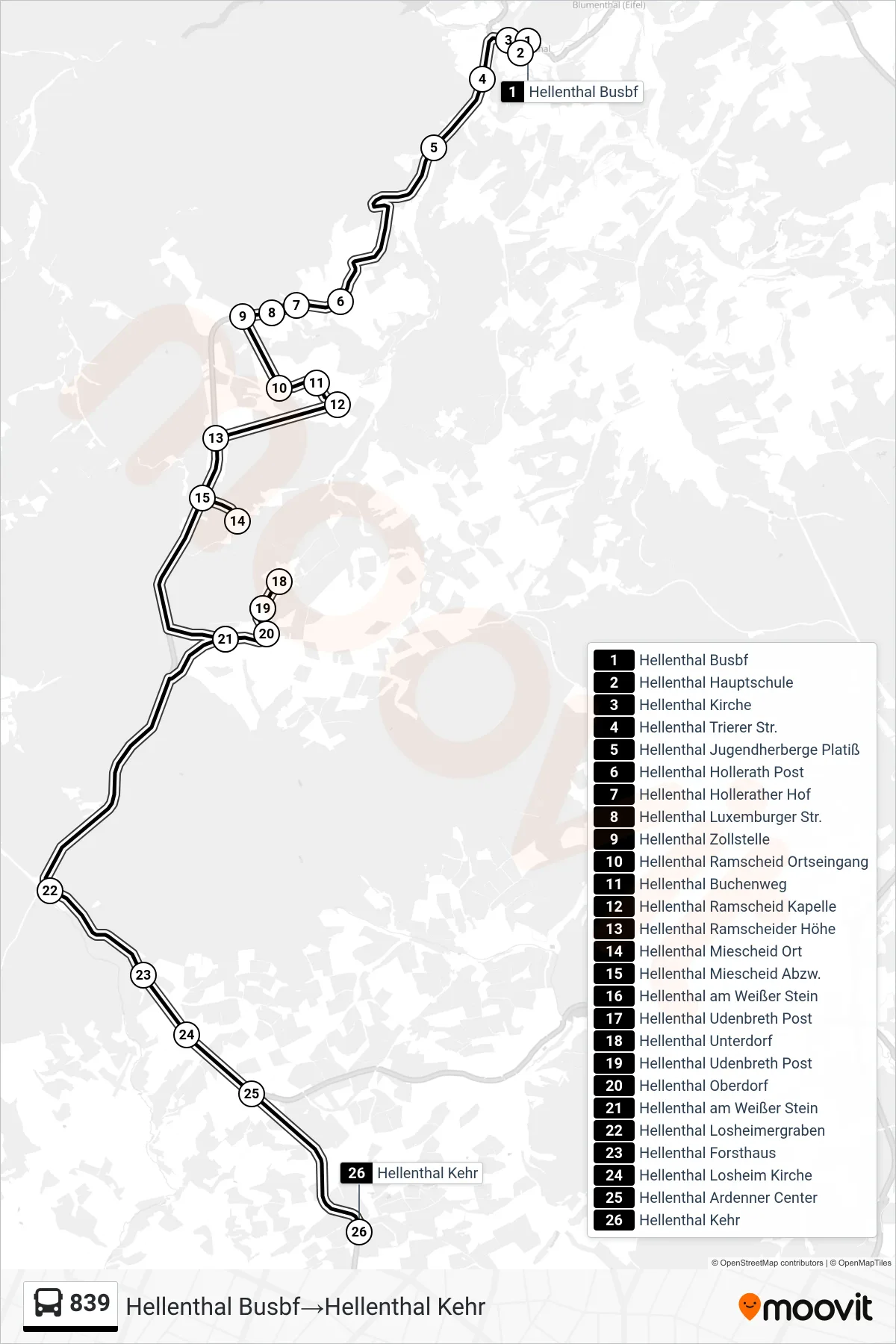 Linie 839 (Bus) Richtung Hellenthal Busbf‎→Hellenthal Kehr: Route und Haltestellen auf der Karte
