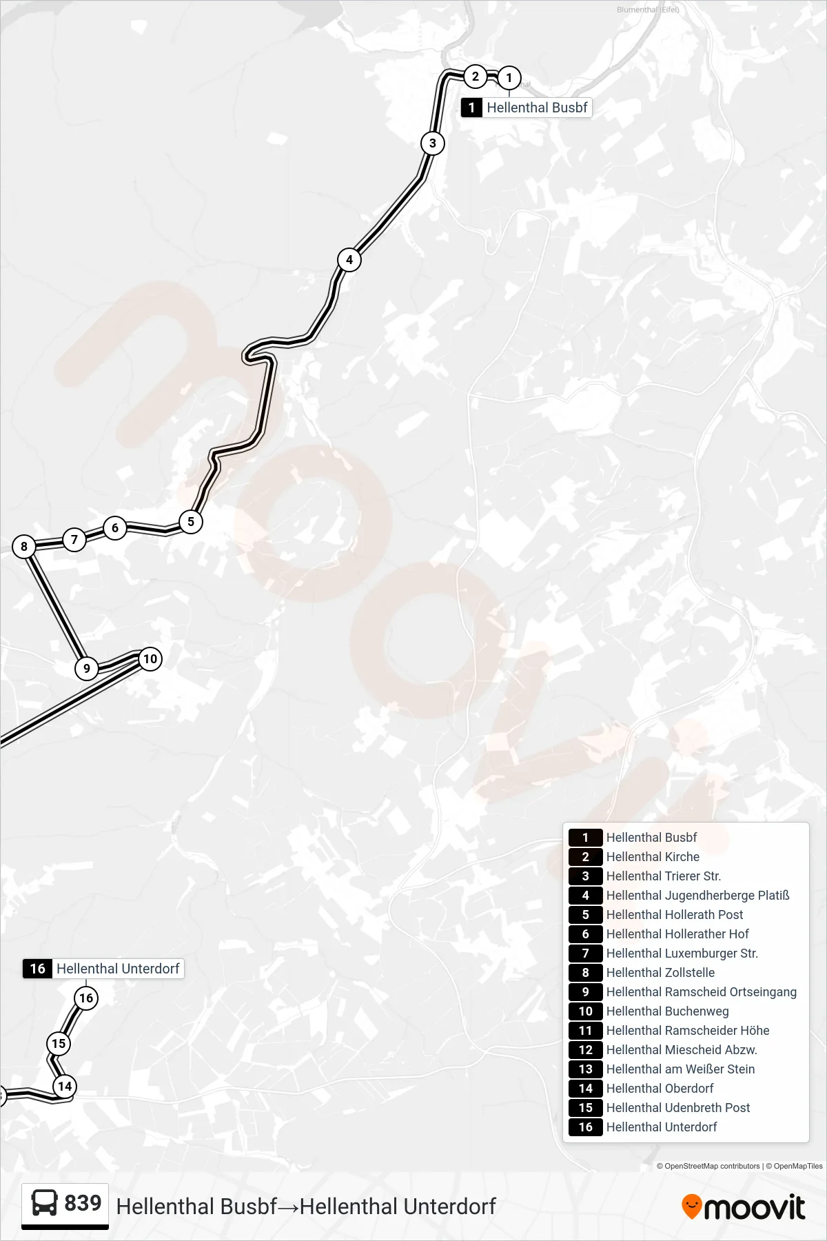 Linie 839 (Bus) Richtung Hellenthal Busbf→Hellenthal Unterdorf: Route und Haltestellen auf der Karte
