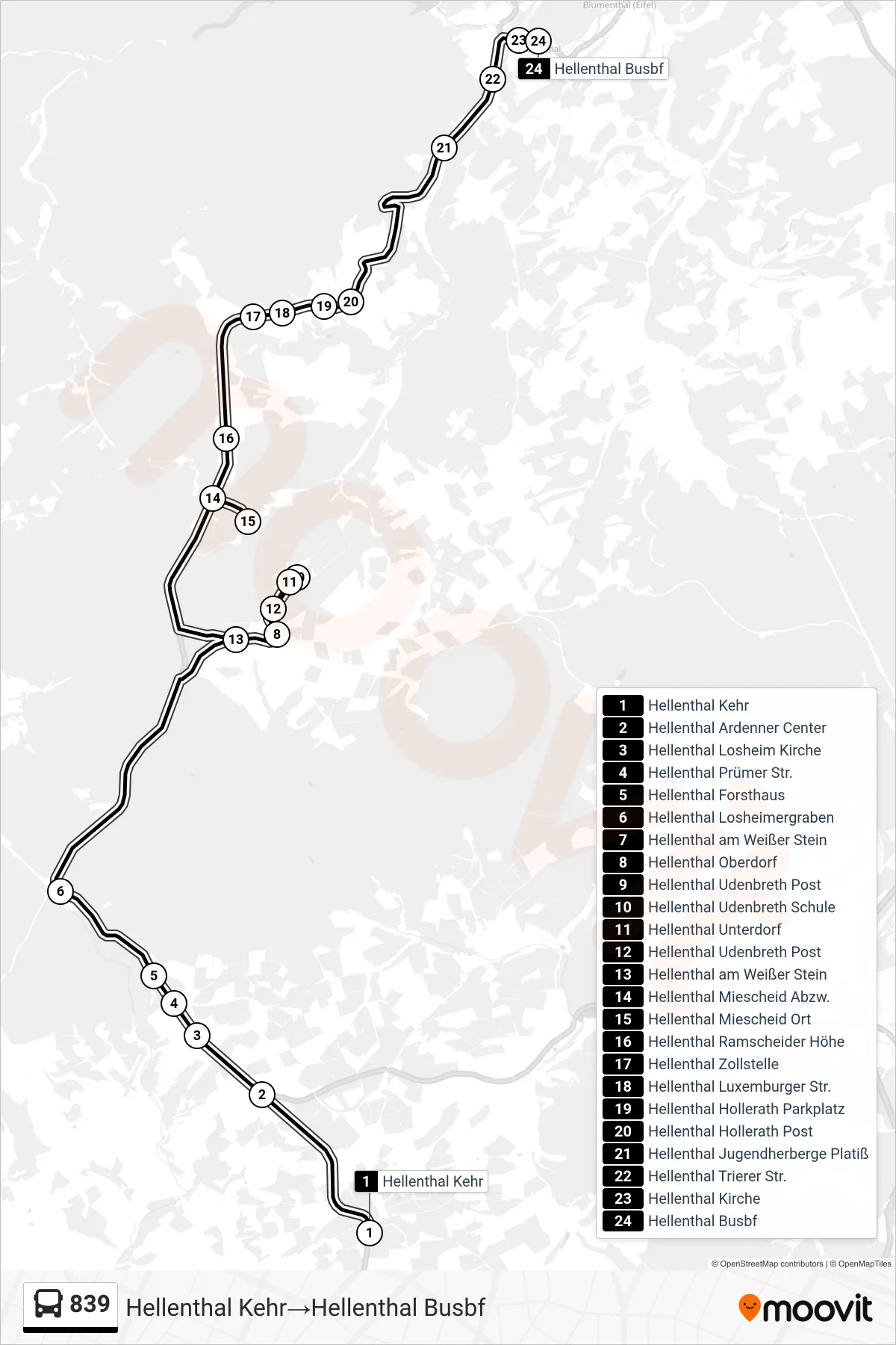 839 bus Line (Hellenthal Kehr→Hellenthal Busbf) route and stops on a map
