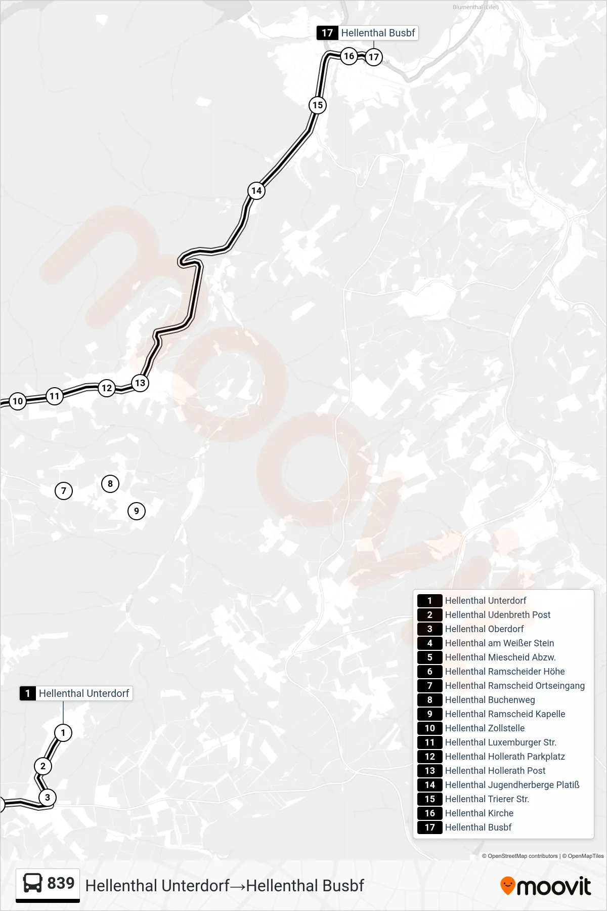 Linie 839 (Bus) Richtung Hellenthal Unterdorf→Hellenthal Busbf: Route und Haltestellen auf der Karte