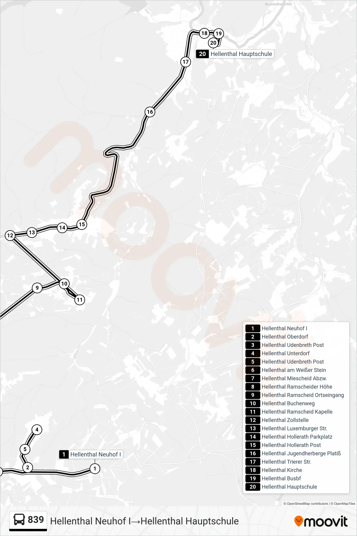 Linie 839 (Bus) Richtung Hellenthal Neuhof I→Hellenthal Hauptschule: Route und Haltestellen auf der Karte