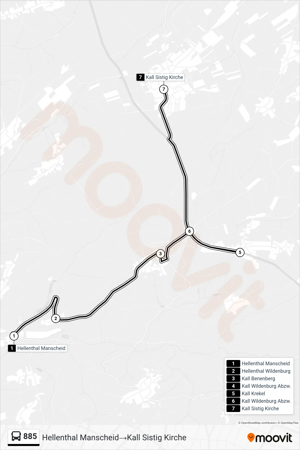 Linie 885 (Bus) Richtung Hellenthal Manscheid→Kall Sistig Kirche: Route und Haltestellen auf der Karte
