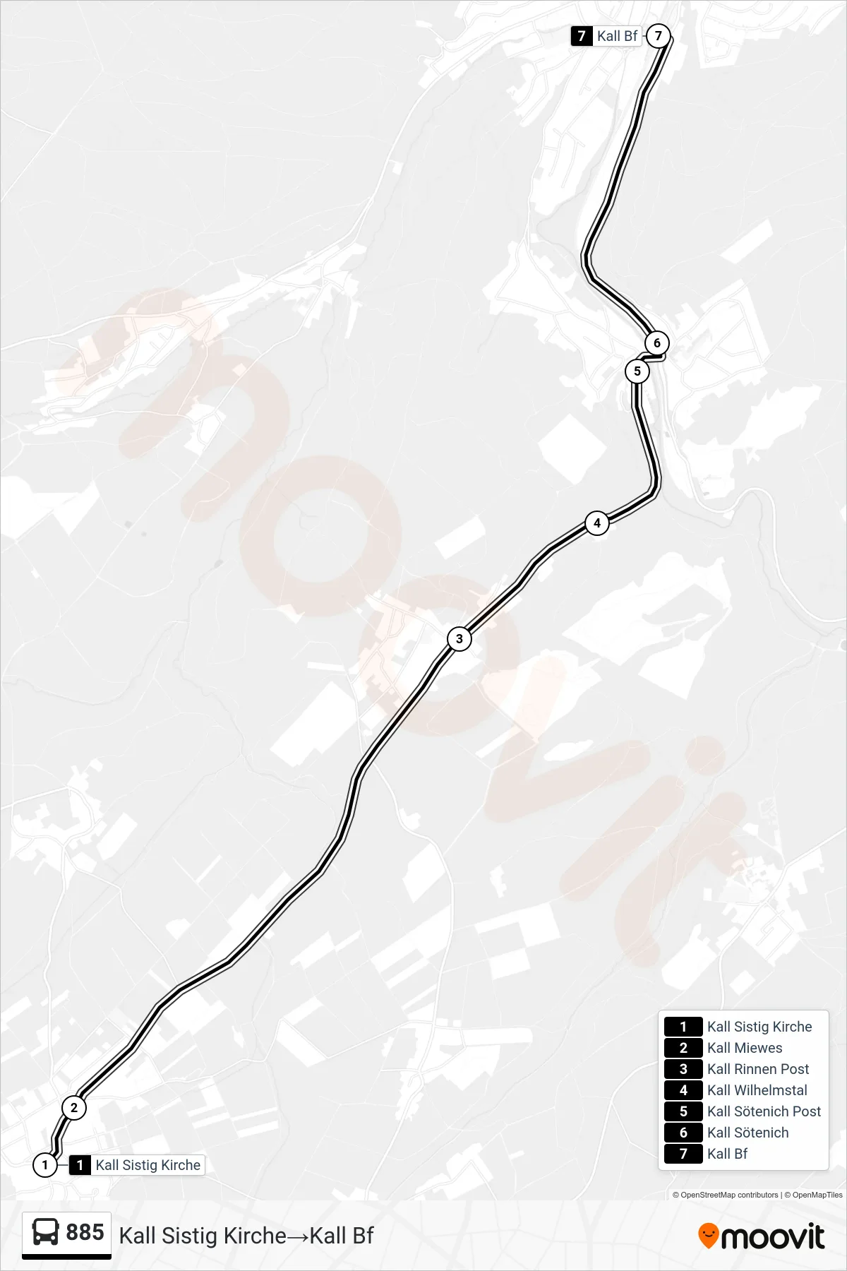 Linie 885 (Bus) Richtung Kall Sistig Kirche‎→Kall Bf: Route und Haltestellen auf der Karte