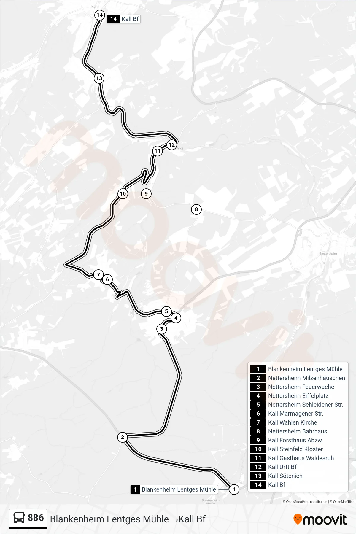 Linie 886 (Bus) Richtung Blankenheim Lentges Mühle→Kall Bf: Route und Haltestellen auf der Karte